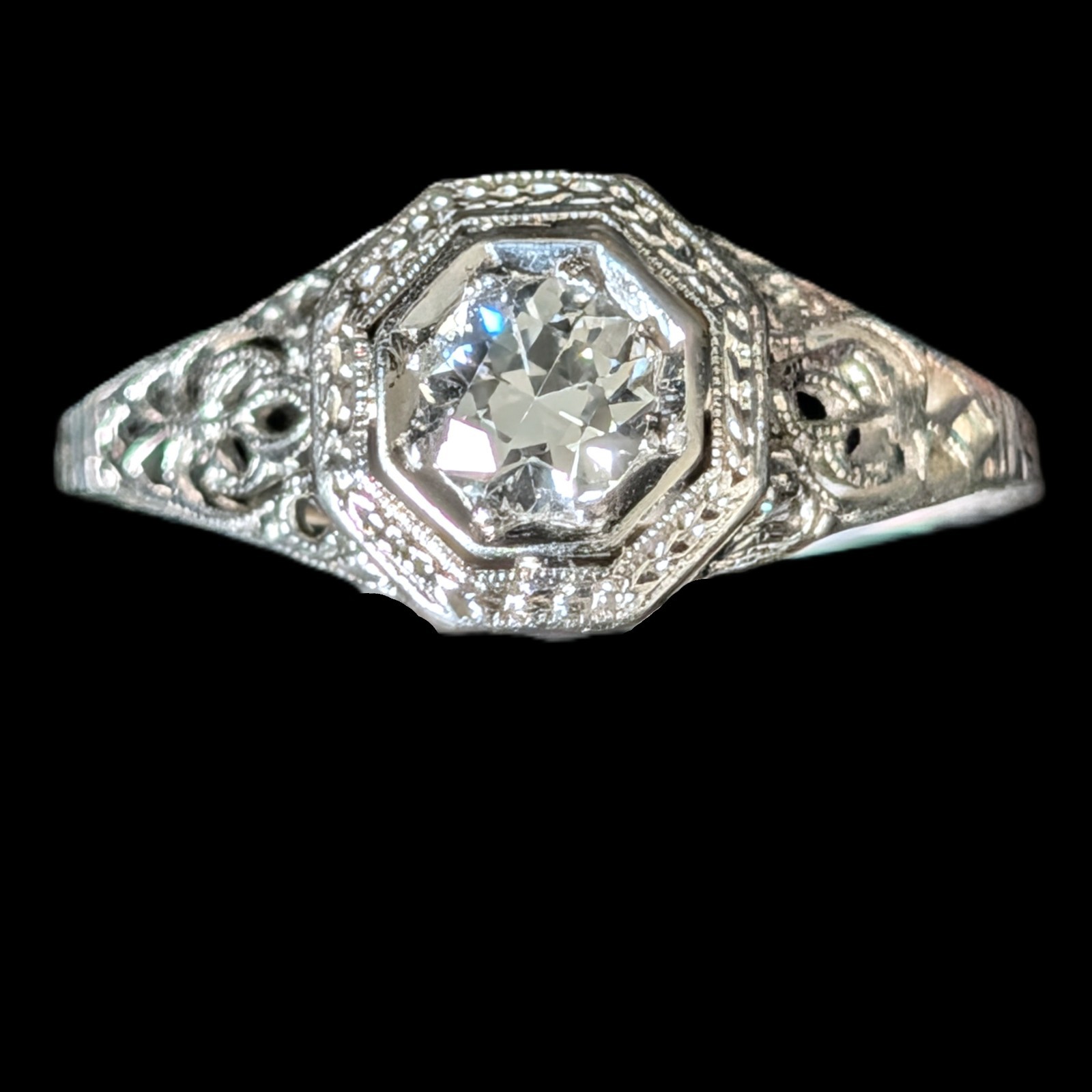 Art Deco Old European Cut Diamond 14k White Gold Platinum Engagement Ring 1920s