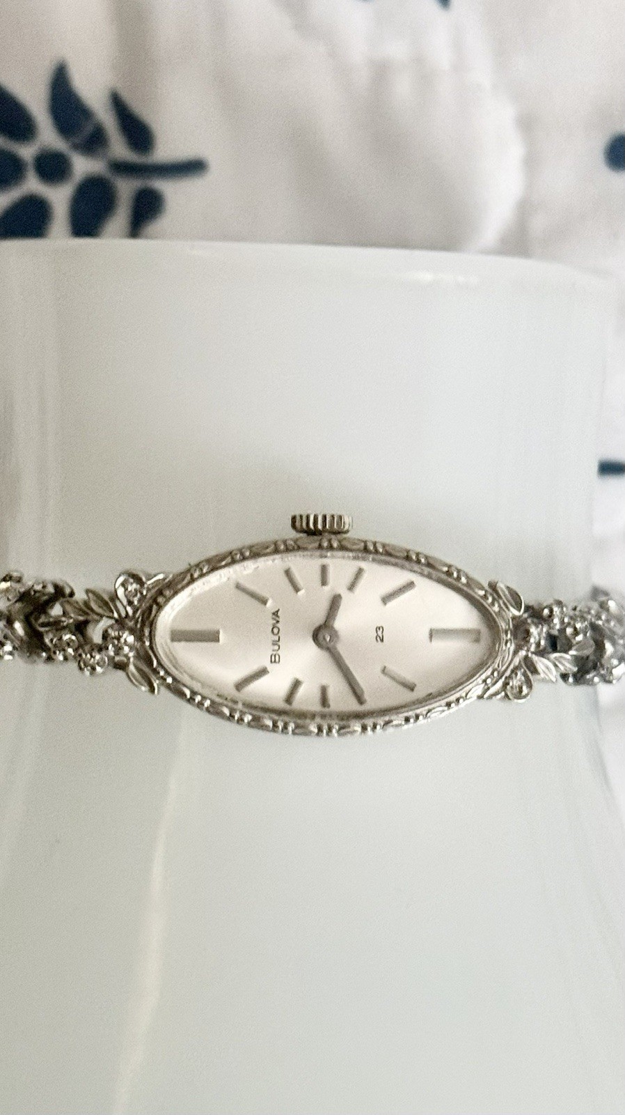 Vintage Bulova Ladies Watch-14K White Gold Cocktail With 8 Lovely Small Diamonds