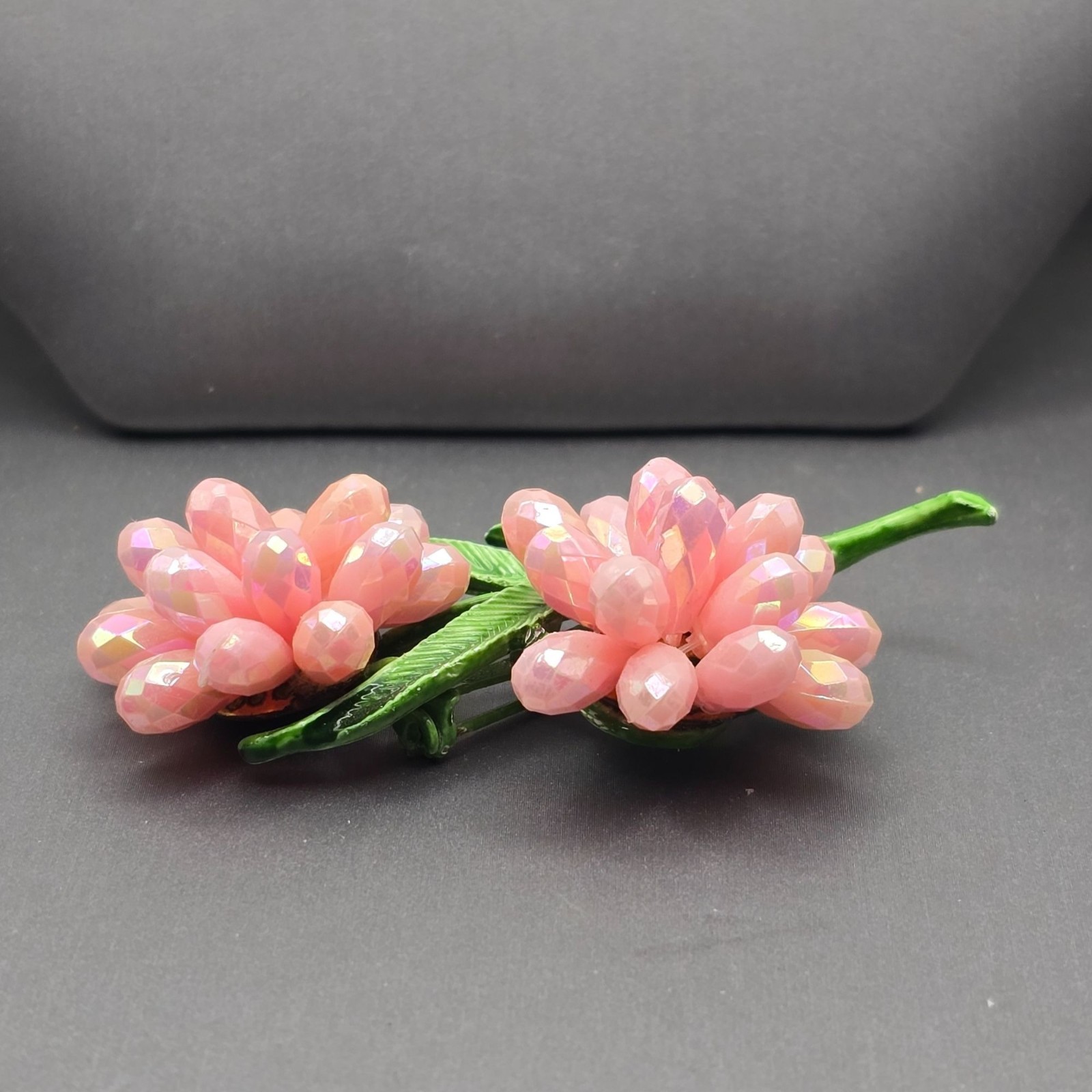 VTG AB Pink Resin Beaded Floral Brooch Green Leaf Double Flower Unsigned