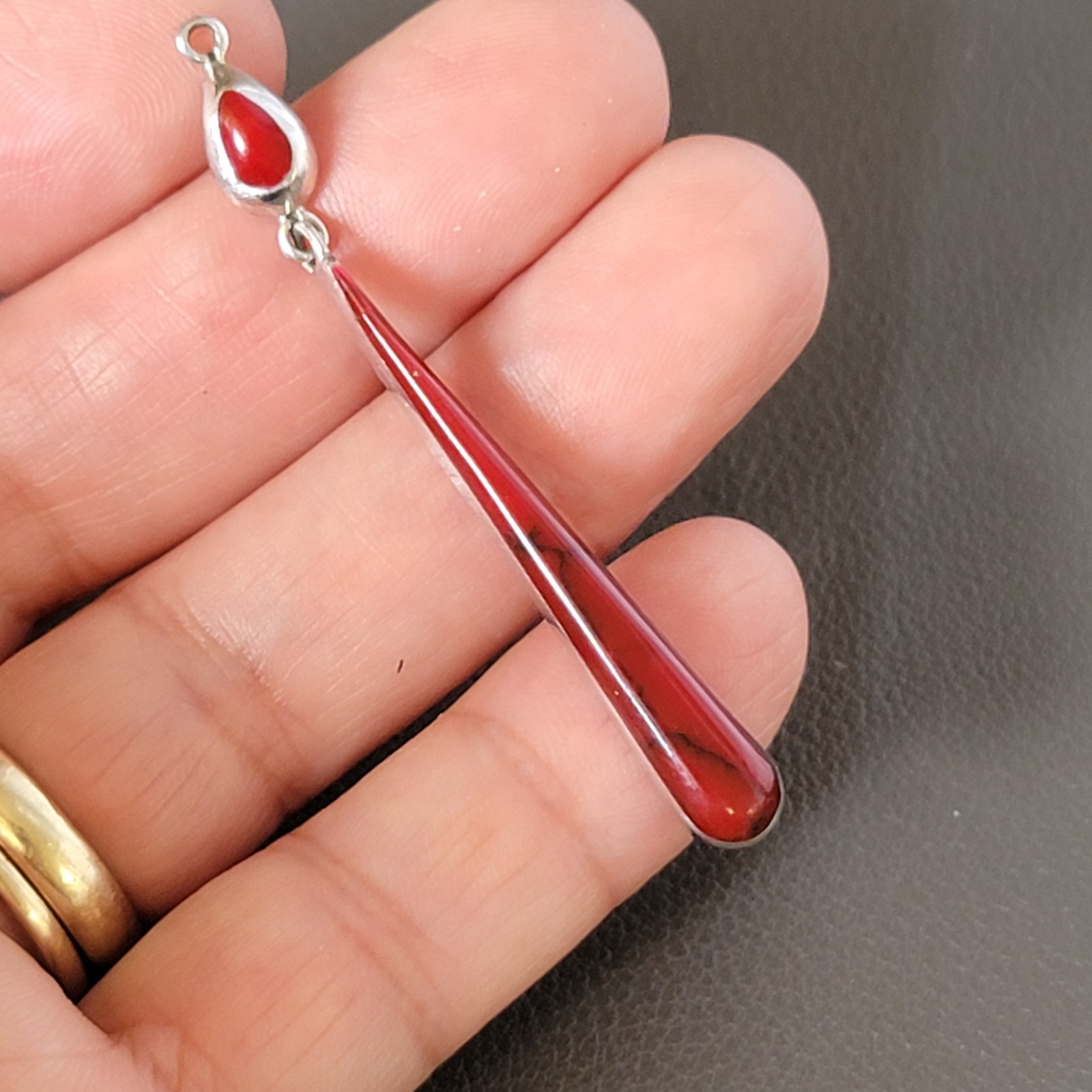 Sterling Silver Long Drop Pendant 925 Vintage Repurosed Red Glass Earrings MEX