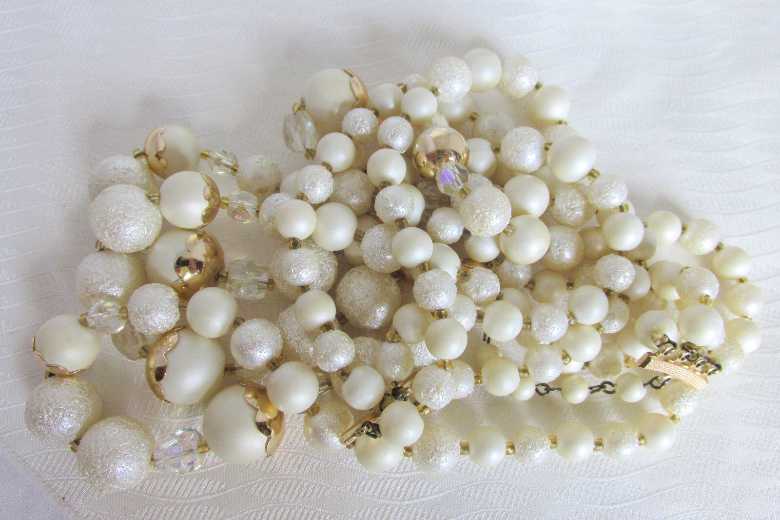 Cream AB Crystal Beads Bib Choker Necklace Textured Satin Vintage Retro JAPAN