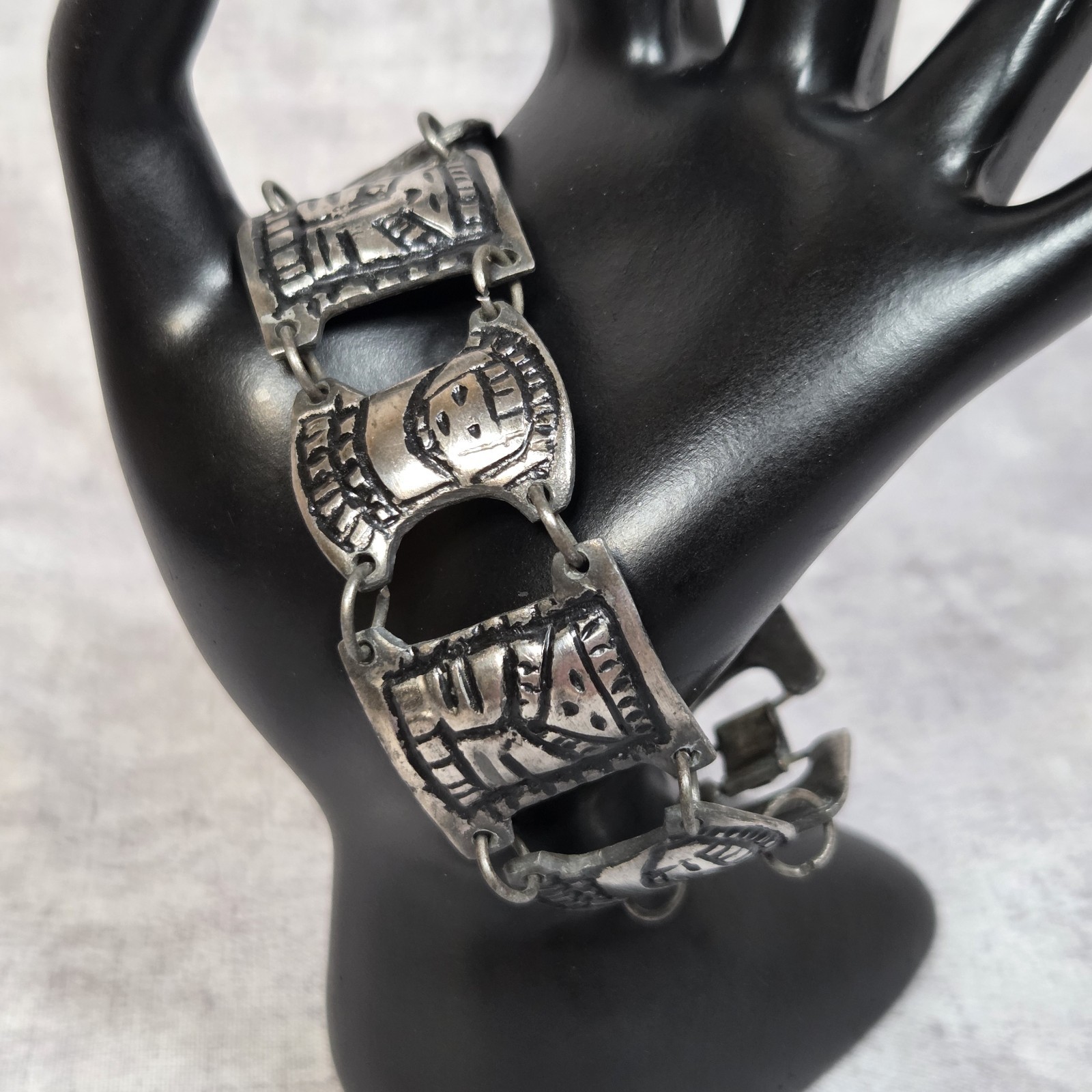 Vtg Mid Century C GENA Colombia 900 Silver Coin Panel Storyteller Bracelet 44g