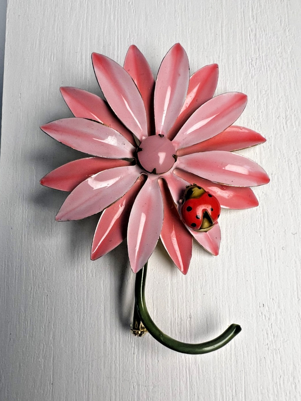 PRECIOUS Original By Robert Pink Daisy Enameled Metal Brooch with Ladybug