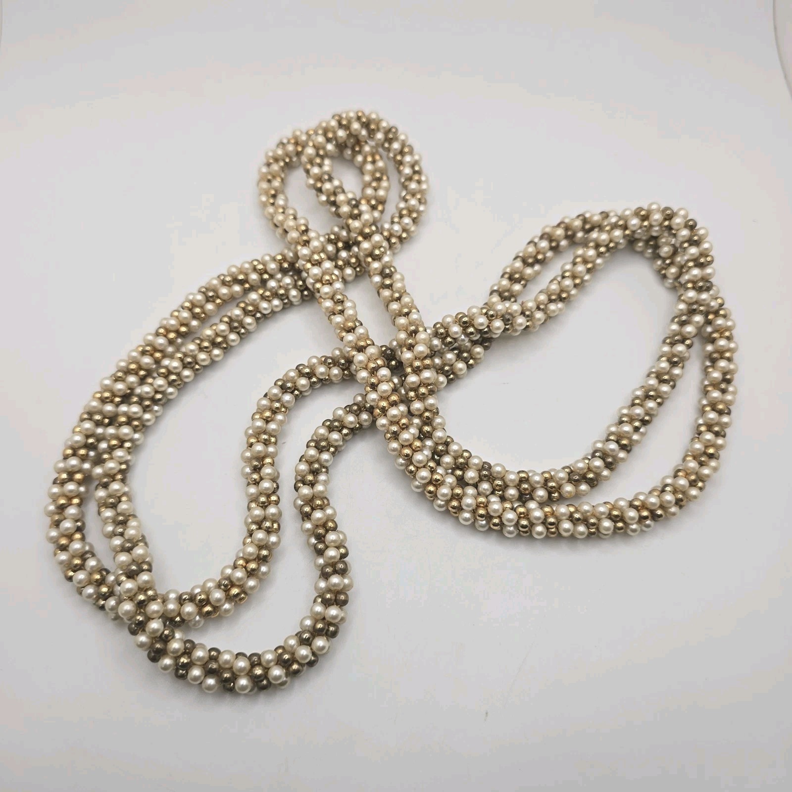 Vintage White Champagne Gold Tone Beaded Rope Necklace Long 30″ Single Double
