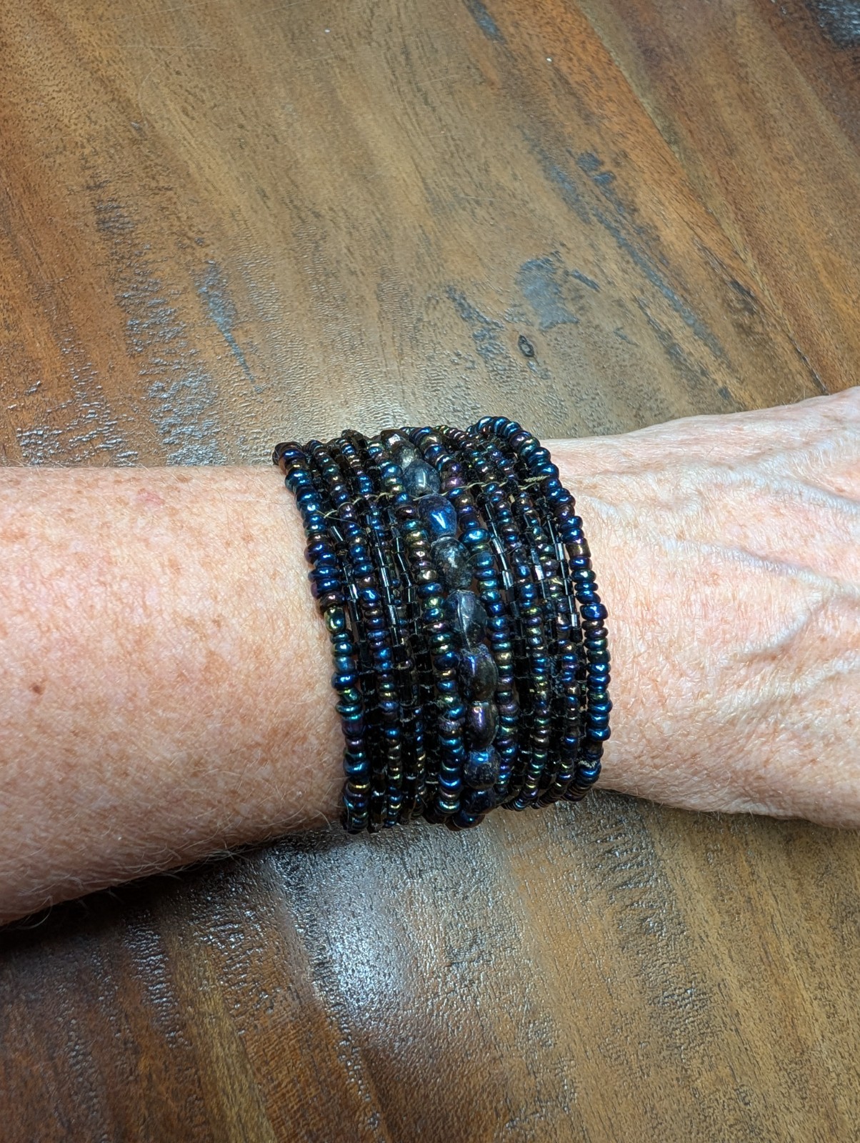 Boho Peacock Blue Purple Beaded Cuff Bracelet Memory Wire Statement Artisan Y2K