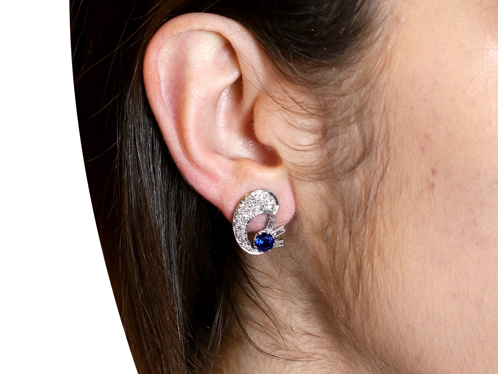 Antique Sapphire and Diamond Clip On Earrings in 18k White Gold