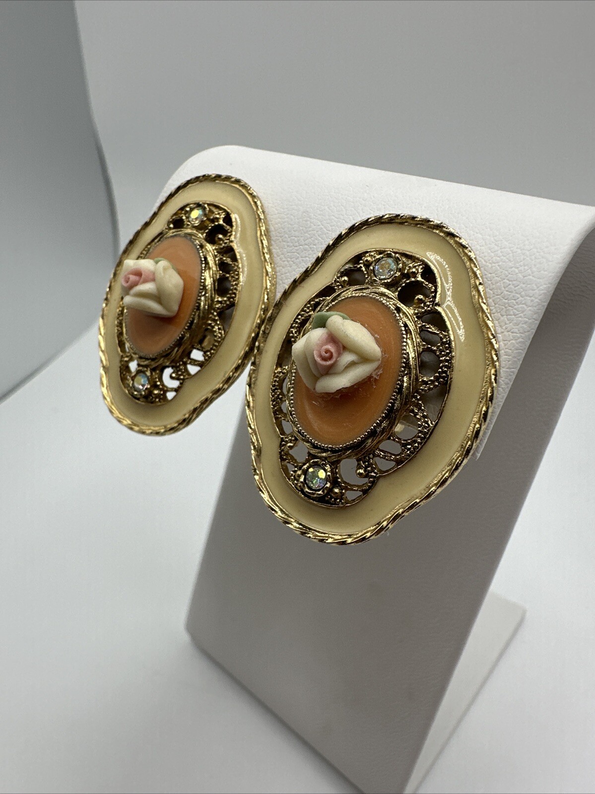 Vintage 1928 Gold Tone Orange & Cream Enamel AB Crystal Clip On Rose Earrings