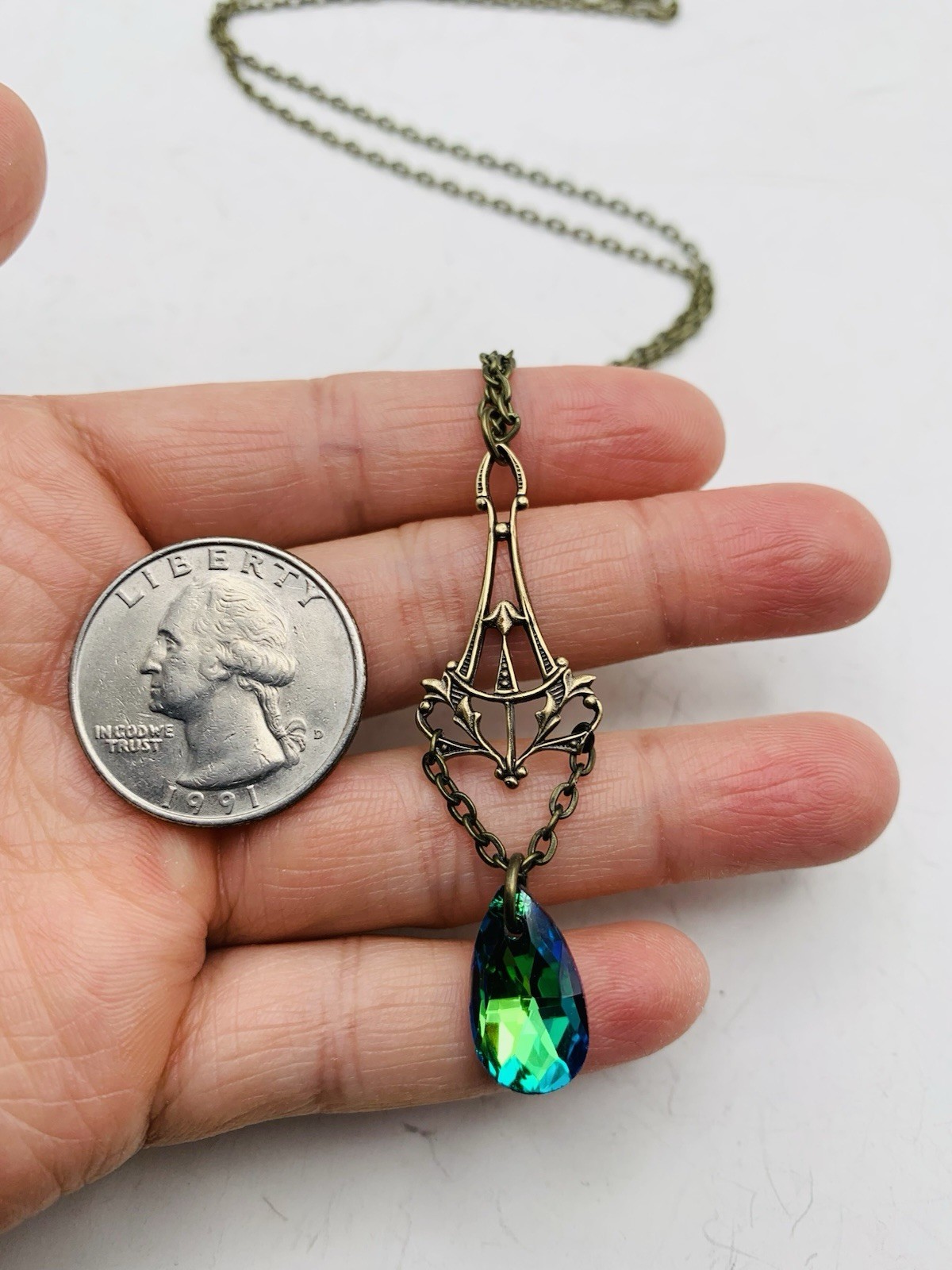 Vintage Style Art Nouveau Bronze Tone Mermaid Blue Teardrop Drop-down Necklace