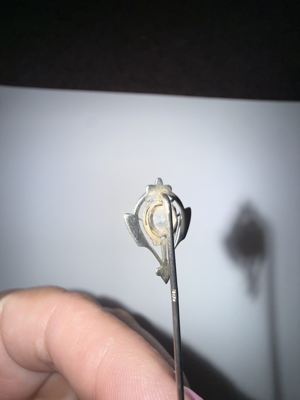 Antique Edwardian 10K Solid White Gold Colorless Topaz Stickpin