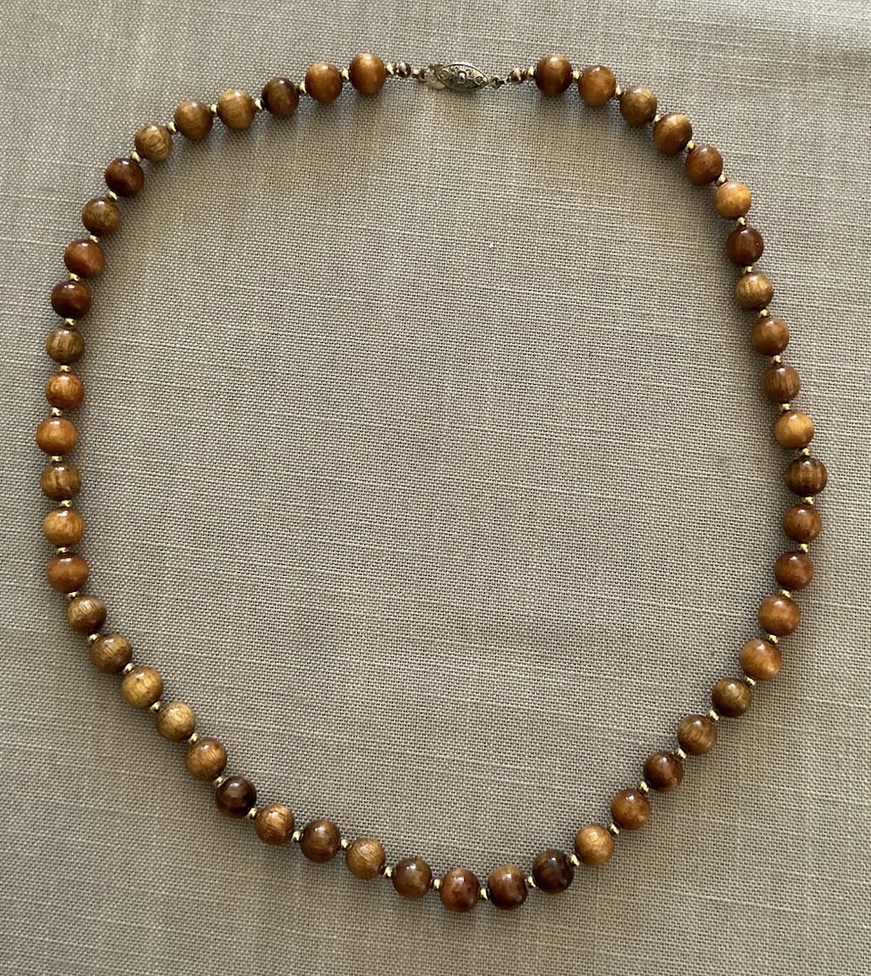Vintage Wood And Gold Tone Beaded Necklace Fish Hook Clasp 23”