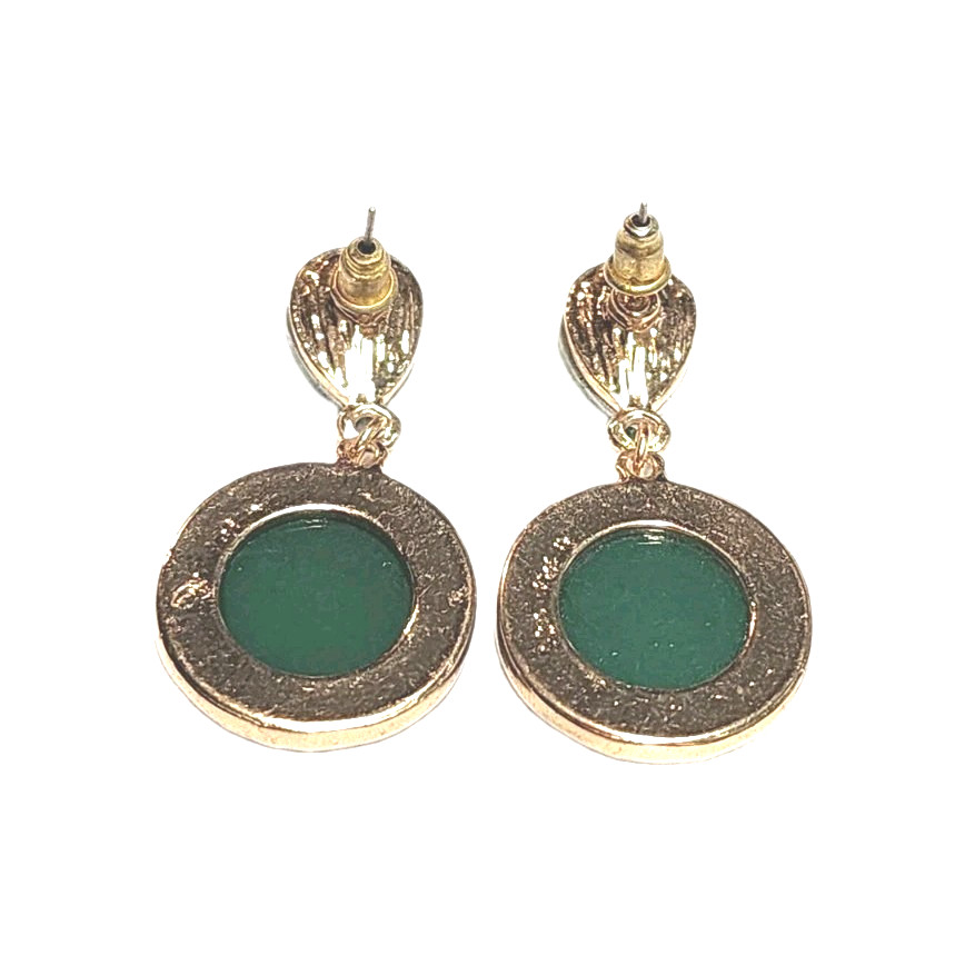 Vintage Green Faux Stone Rhinestone Gold Tone Dangle Earrings Teardrop Round GUC