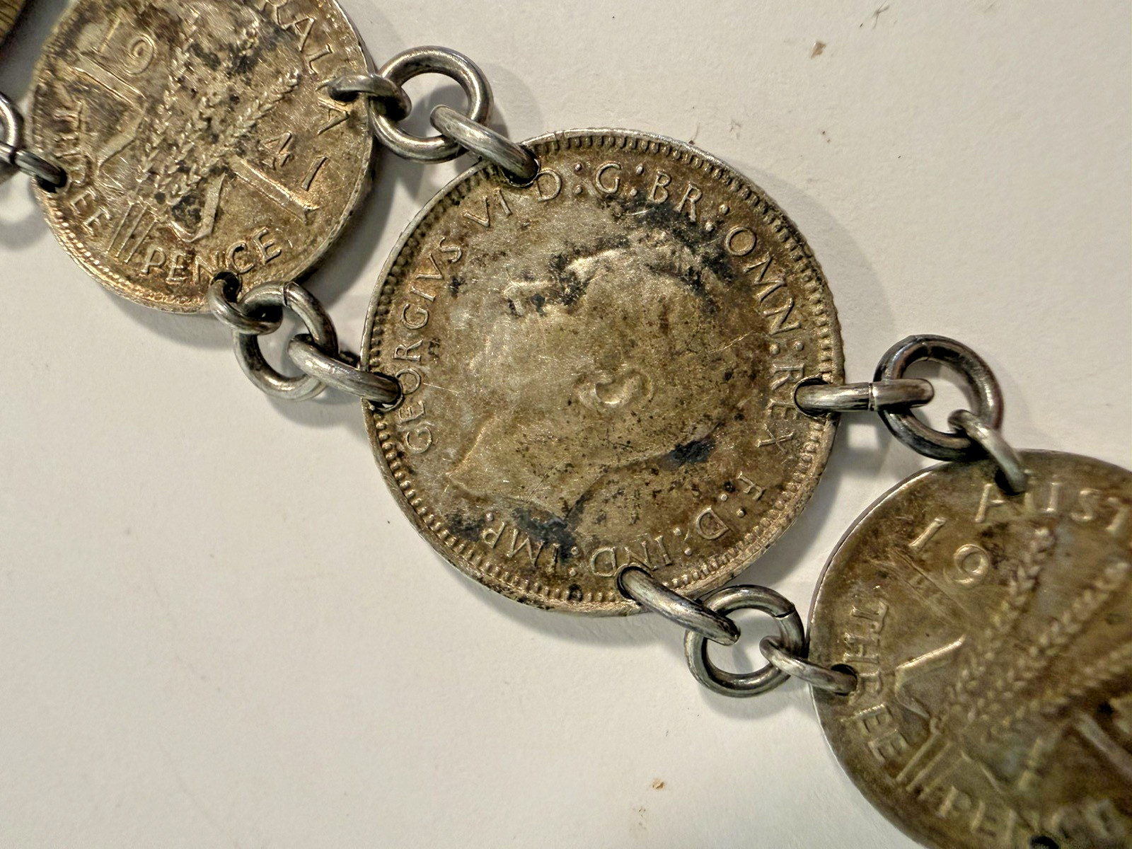 vintage coin Link bracelet 1940s Handmade australian sixpence threepence