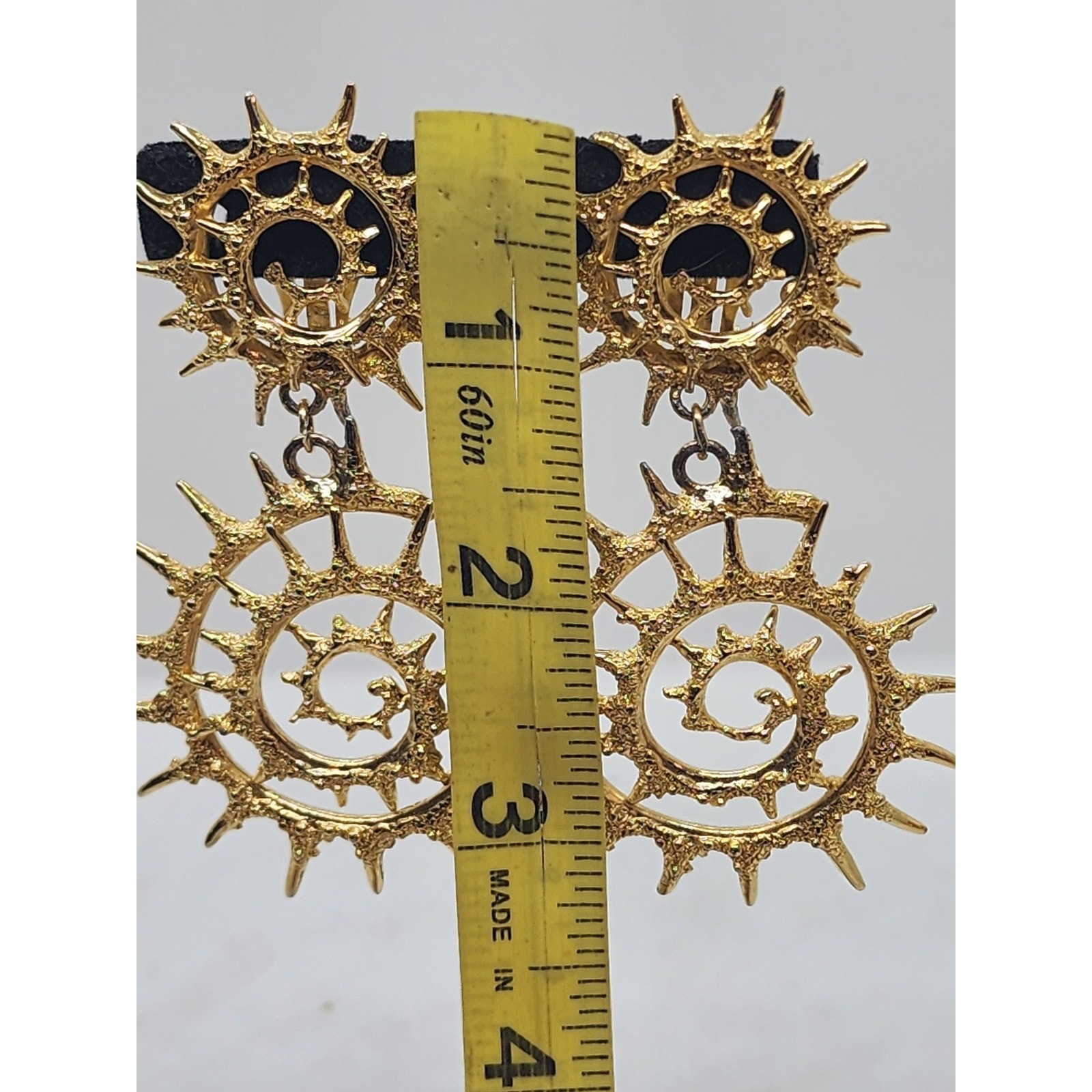 Vintage Orena Paris Sunburst Spiral Clip On Earrings Gold Tone Long Dangle