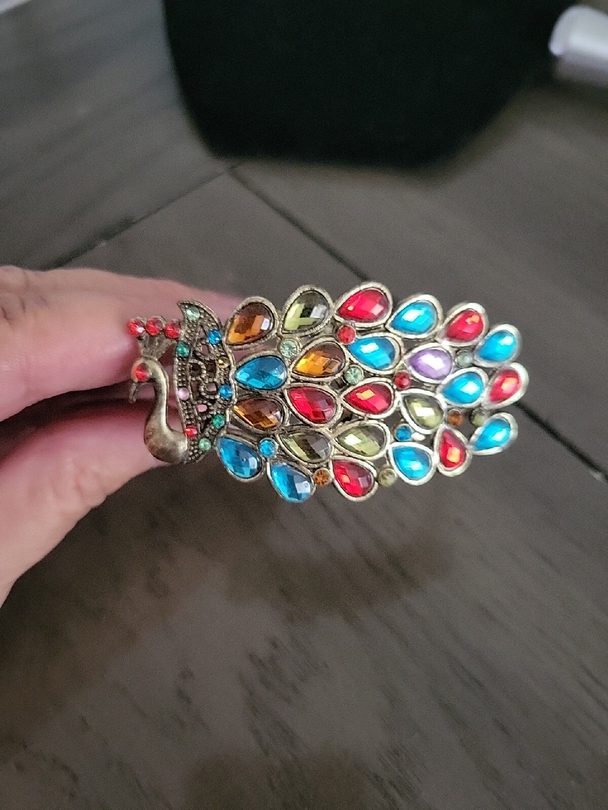 Vintage Bracelet Peacock Colorful Rhinestone Brass Clamp Cuff Hinged A53