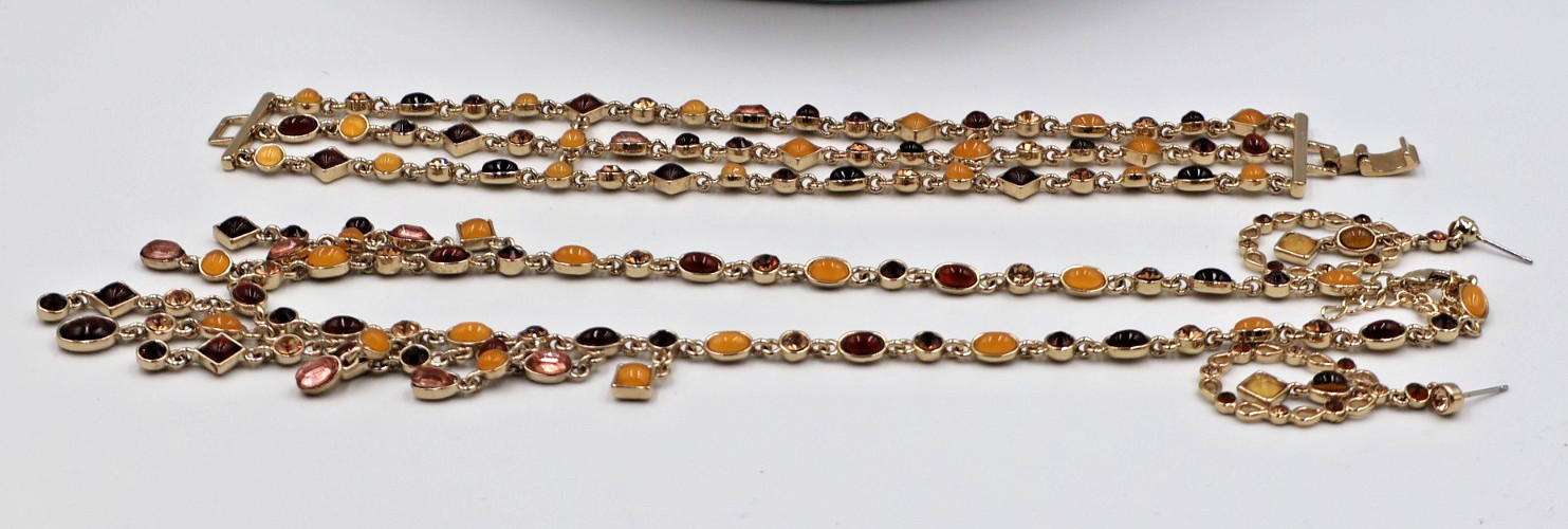 Vintage Honey & Brown Amber w/ Gold Rhinestones Necklace, Bracelet & Earrings
