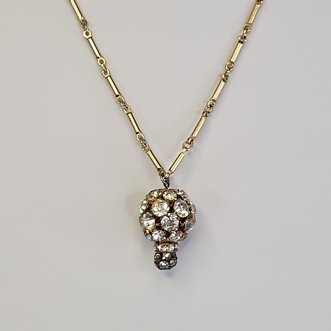 Vintage Rhinestone Ball Necklace Gold Tone Bar Link Chain 19″
