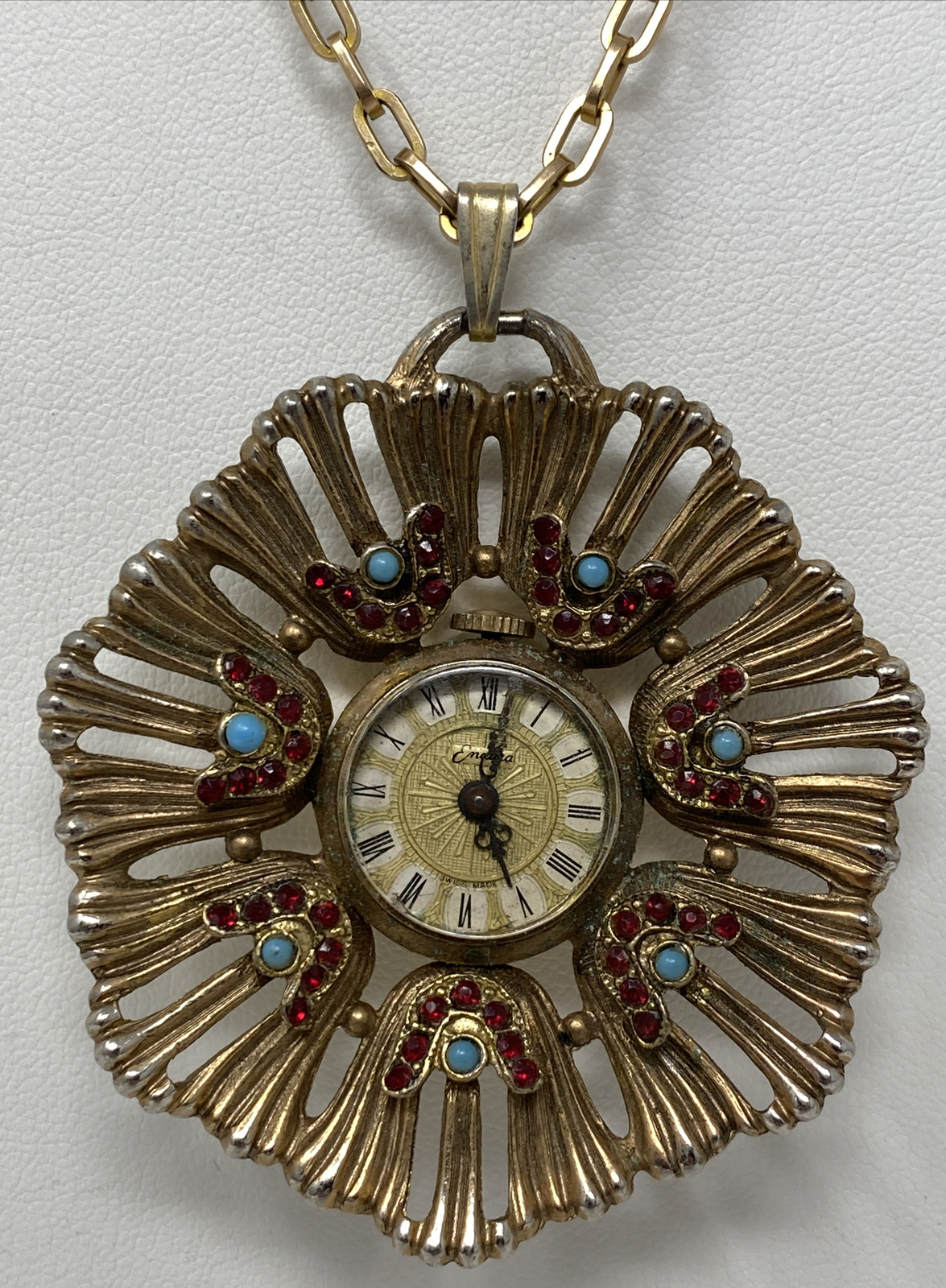 Fabulous Vintage Endura Rhinestone Faux Turquoise Ruby Pendant Watch Necklace