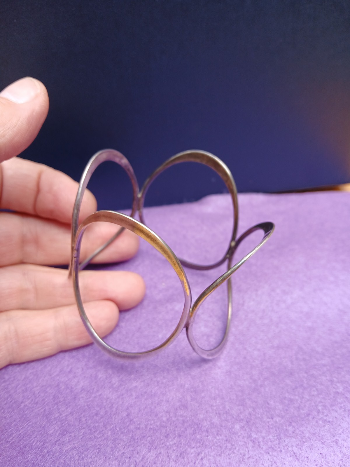Vintage Geometric Ovals Sterling Silver Bangle Bracelet Modernist Design Art