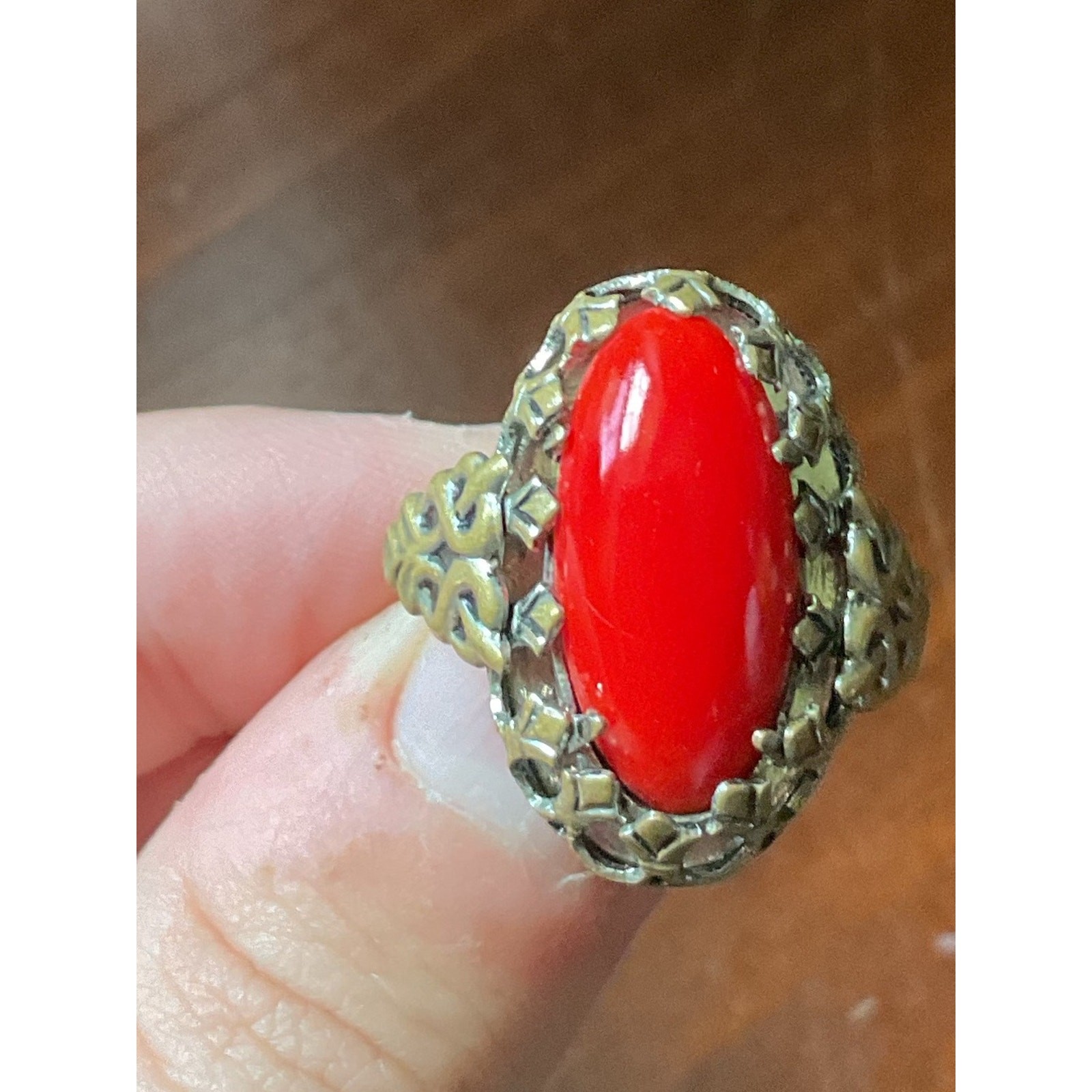 Vintage Red Coral Filigree Gold Tone Ring Size 7