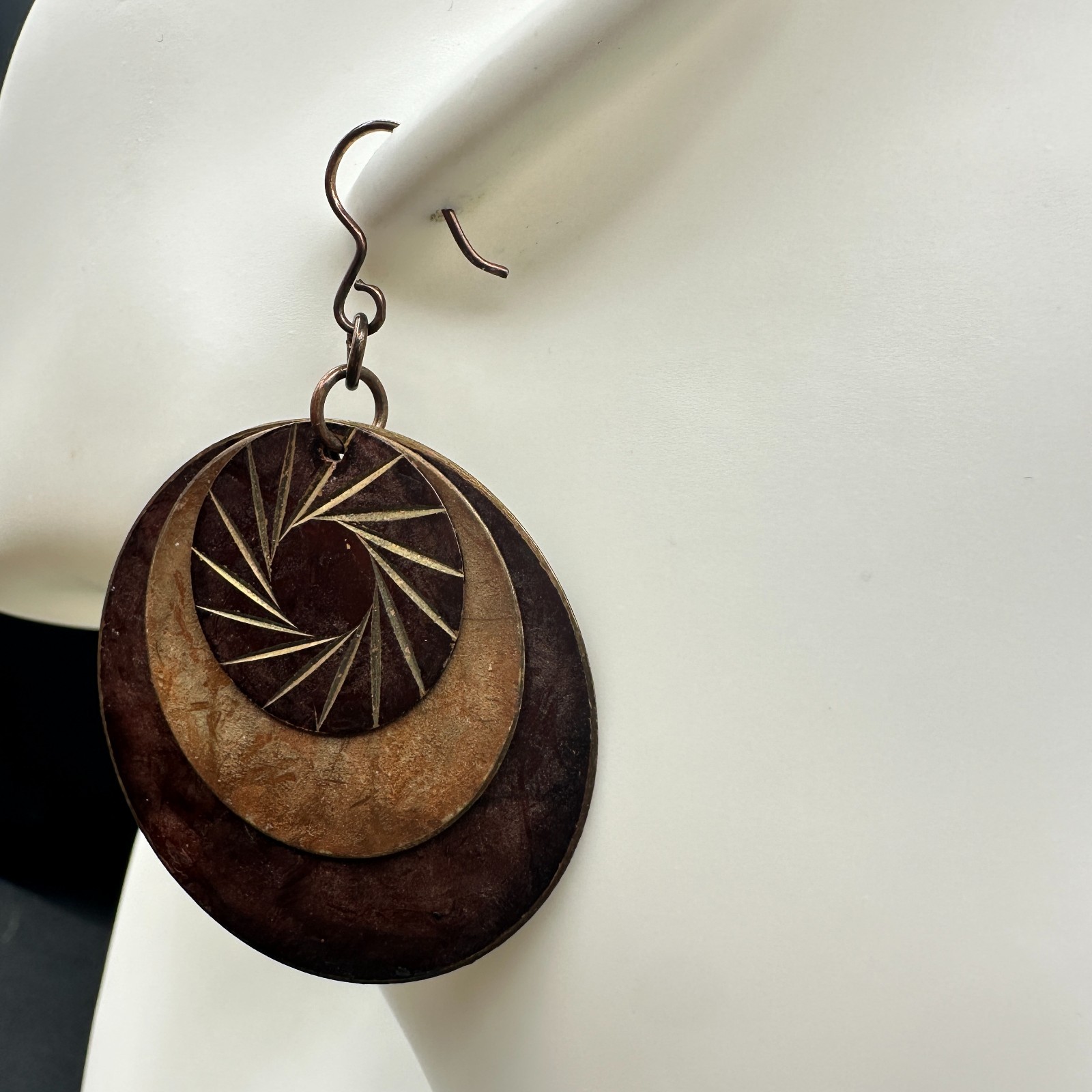 Vintage Brown Copper Layered Eyes shape Disks Dangle Earrings with 3 Disks 2 in