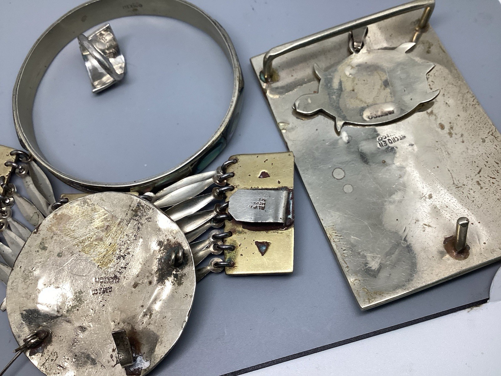 VTG Signed Alpaca~MEXICO~Brass, Silver Tone, Abalone Jewelry Lot~REPAIR or PARTS