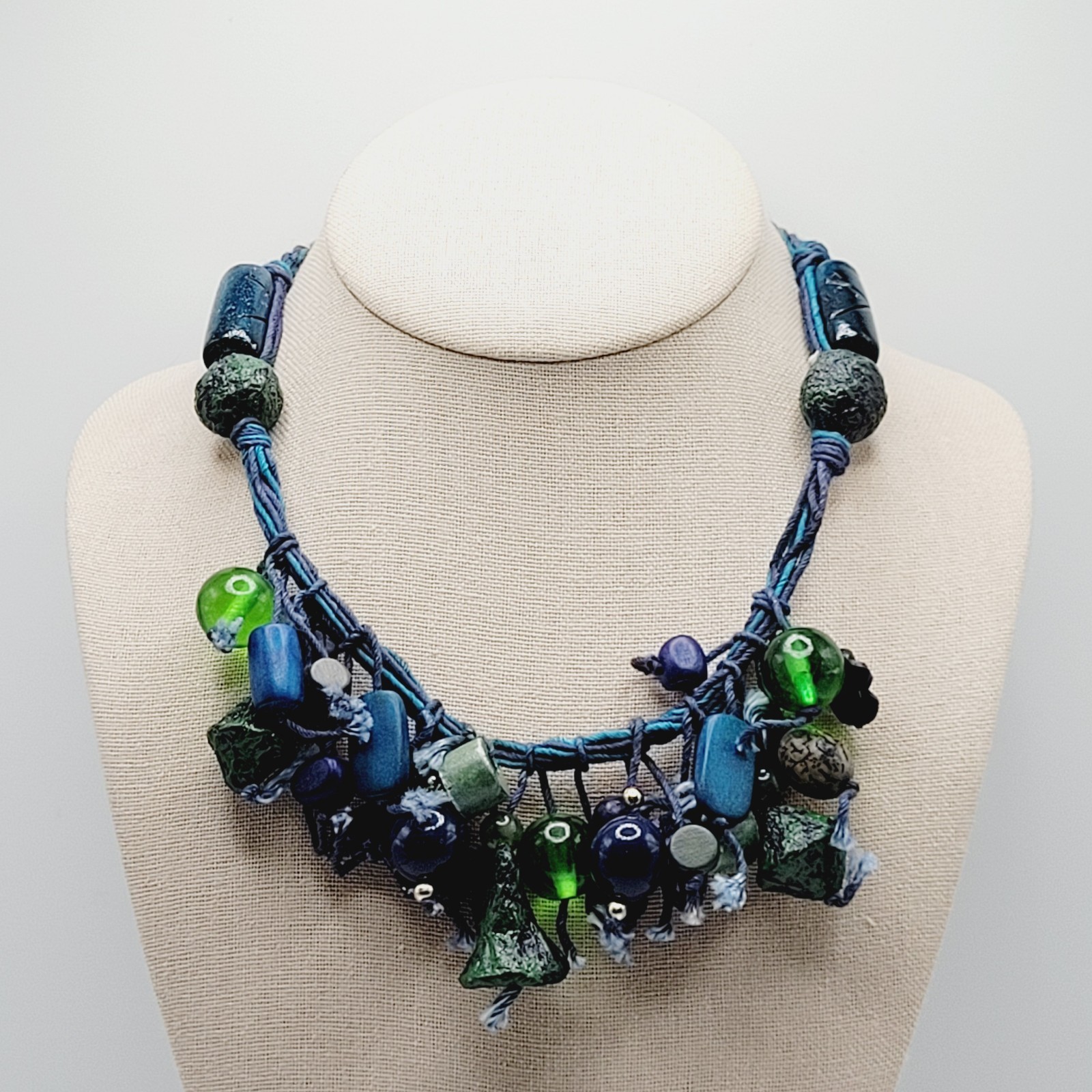Eclectic Artsy Artisan Braided Cotton Mixed Material Beaded Vintage Necklace
