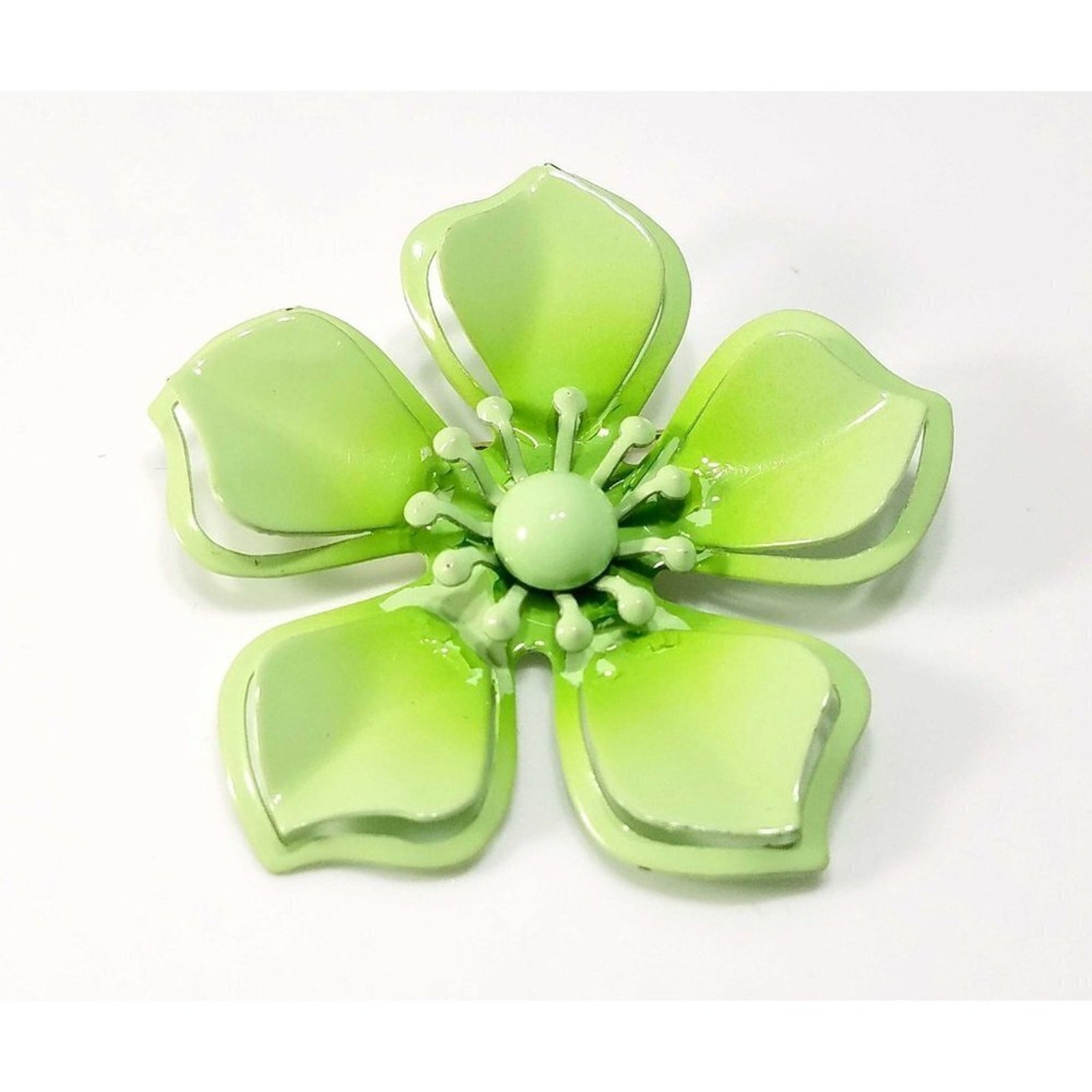 Vintage Light Green Flower Brooch, Enamel On Metal, 1960s, 2 3/8 Inches