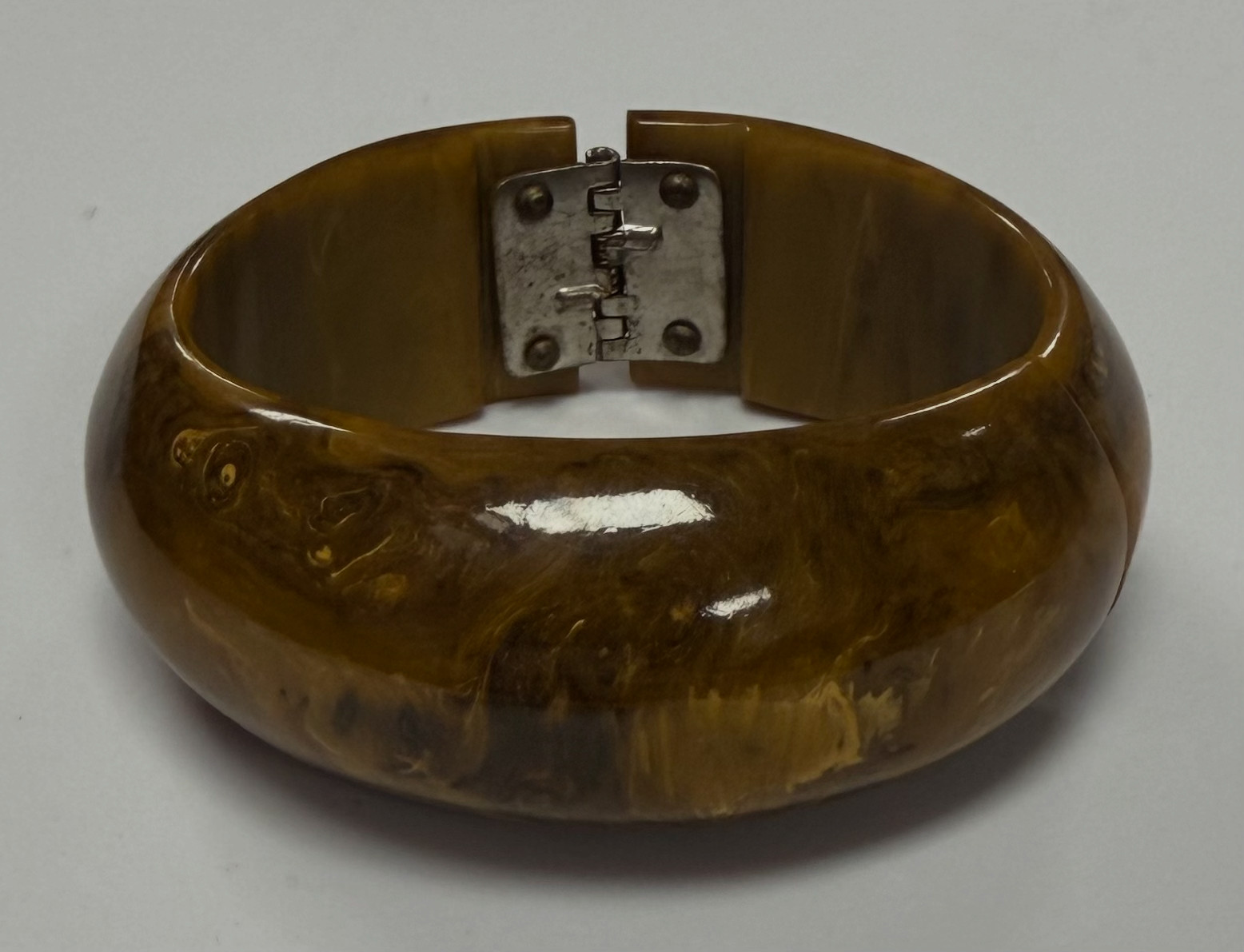 Vintage Verified Bakelite Hinged Clamper Bracelet Marbled Butterscotch Yellow