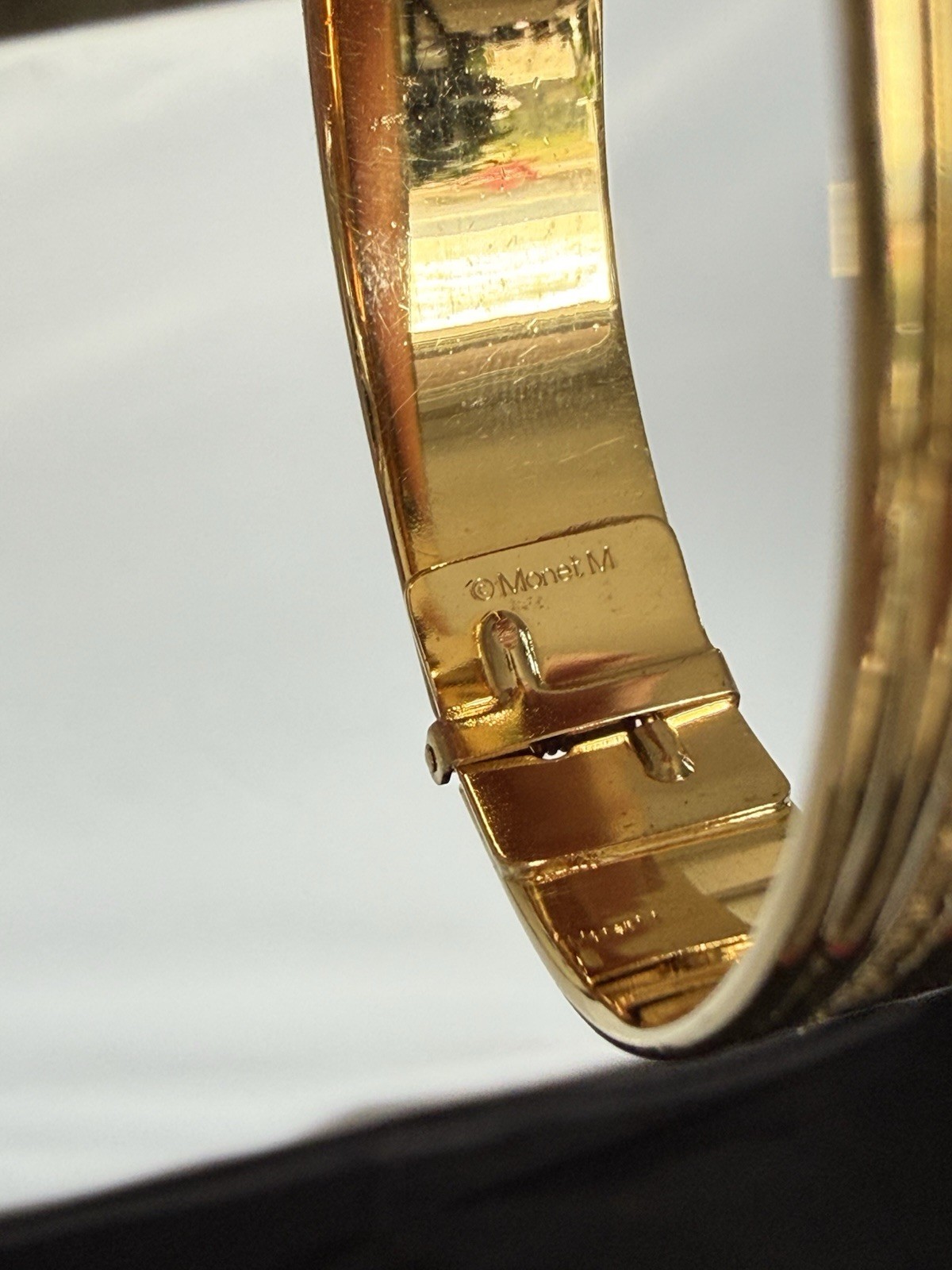Vintage Monet M Gold Tone Bracelet Etch, And Ribbed With Hinge Opening
