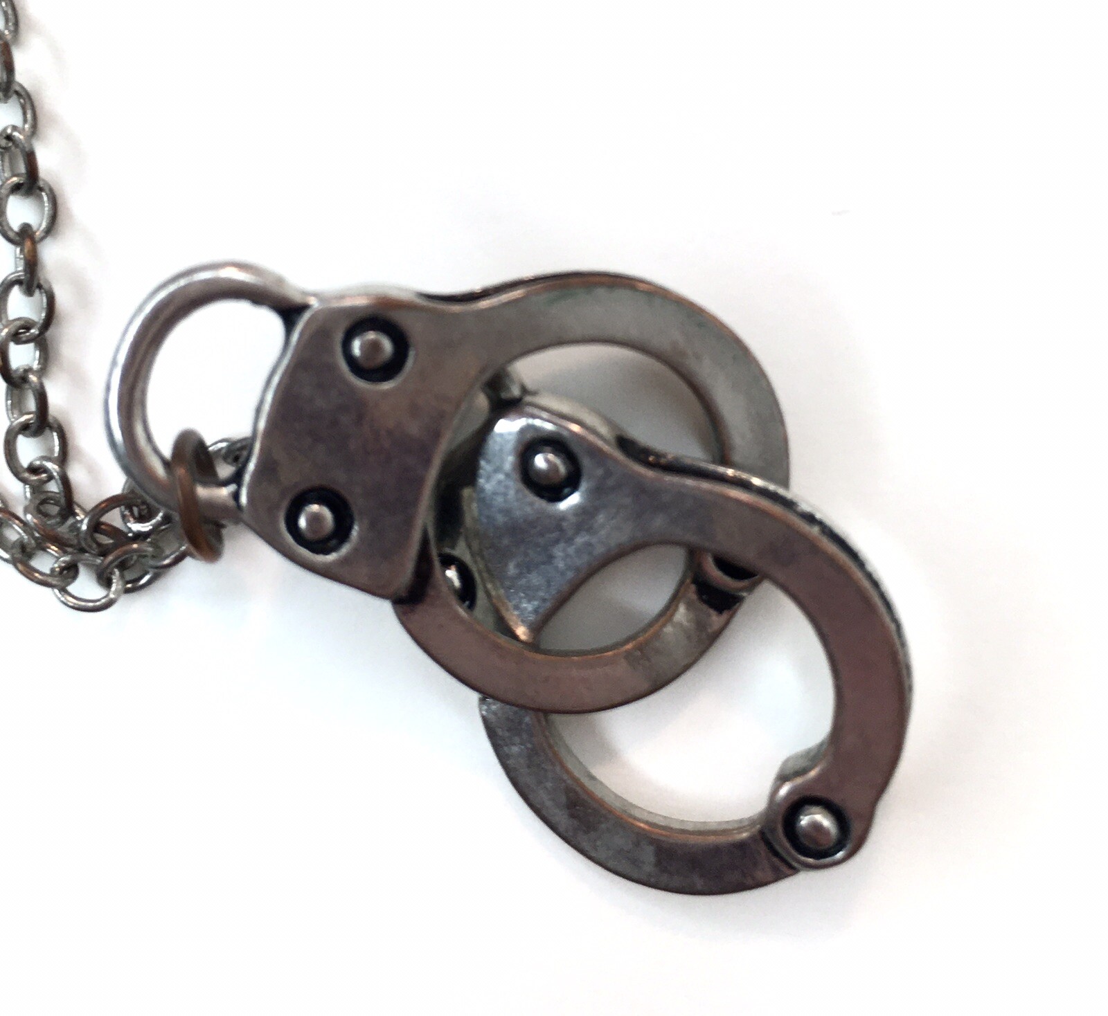 Police Handcuffs Pendant Necklace Silver Tone Alt Goth Punk Y2K Grunge