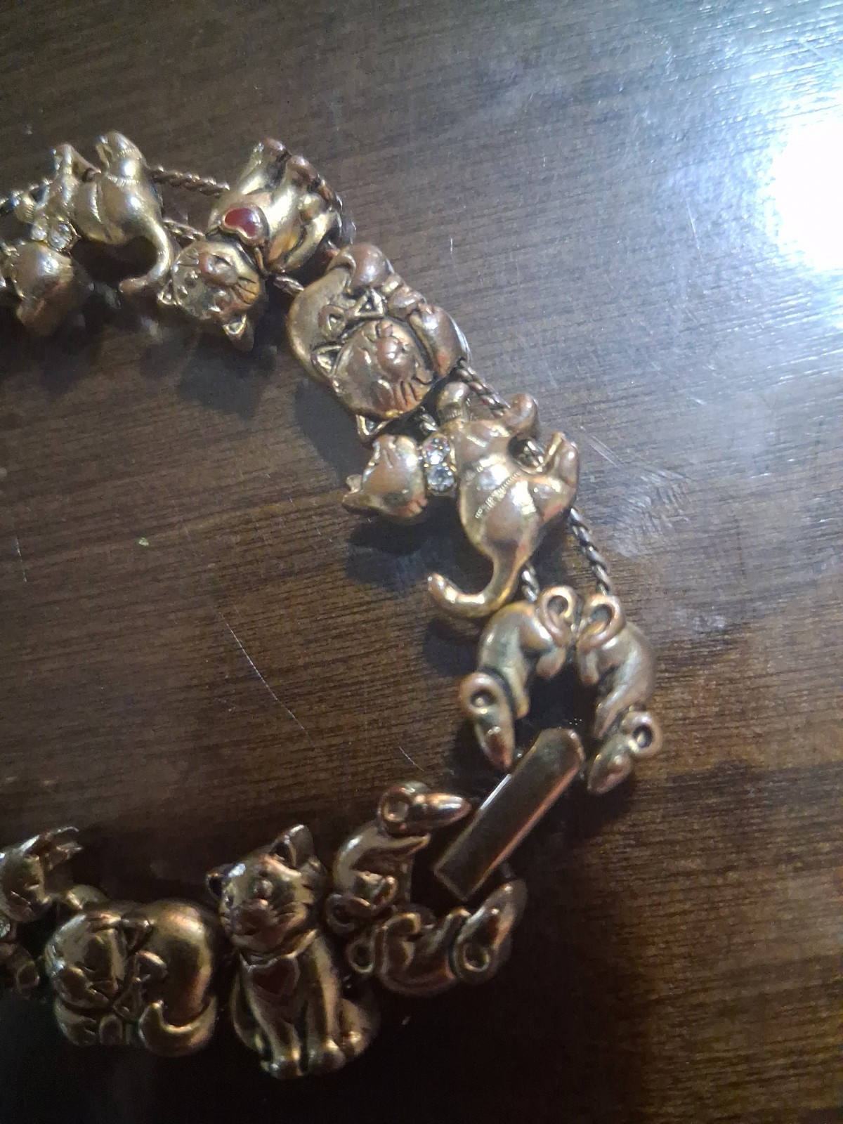 Vintage Avon Kitty Cat Slide Charm Rhinestone Bracelet ~ Gold Tone