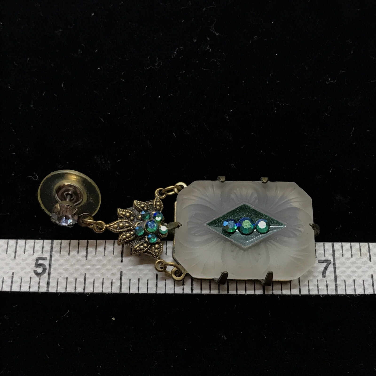 Vintage Glass Works Studio Carved Matte Glass, Crystal Acc & Brass tone Earrings