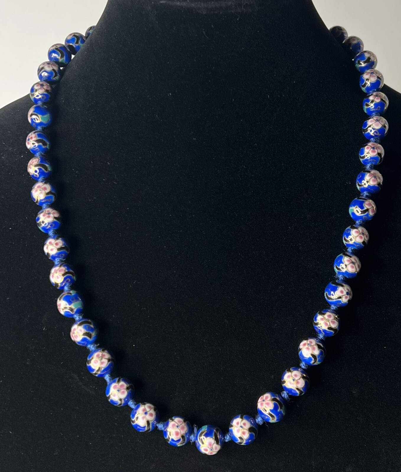 CLOISONNÉ Enamel Bead Necklace Blue Cherry Blossom Gold VTG Hand Knot 12mm 25”L