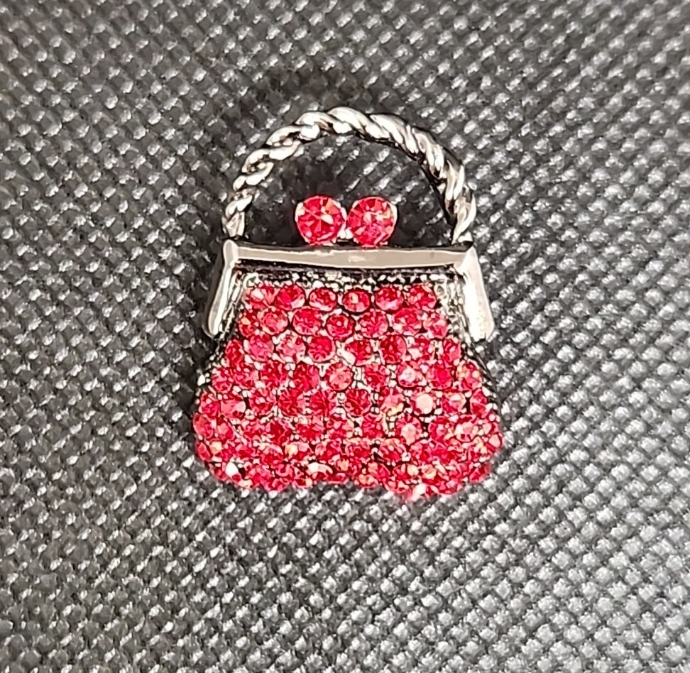 Gunmetal Silver Tone Red Rhinestone Mini Purse Small Brooch Pin Unsigned