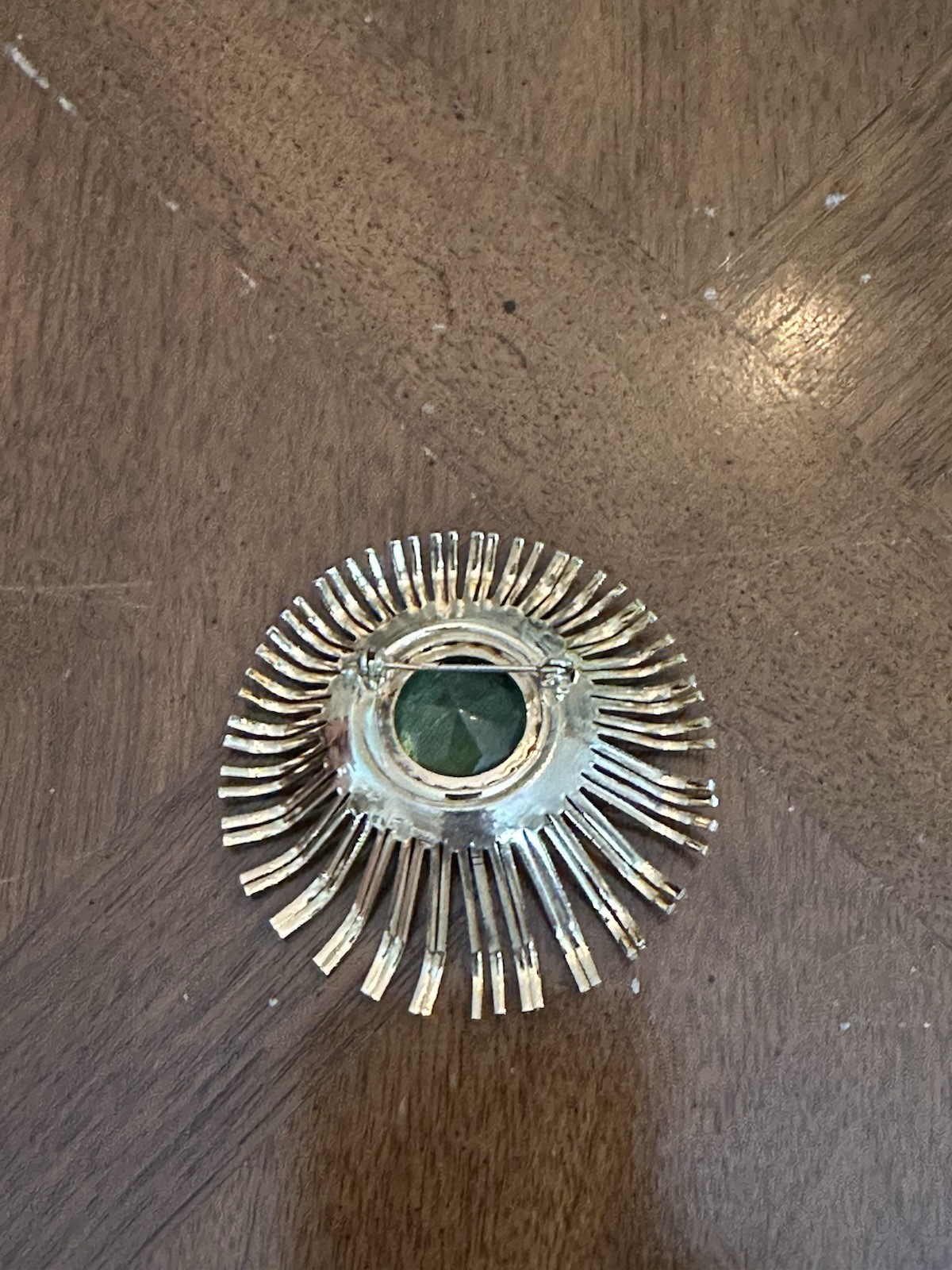 Vintage Mid-Century Lime Green Rhinestone Atomic Starburst Brooch Gold Tone Nice