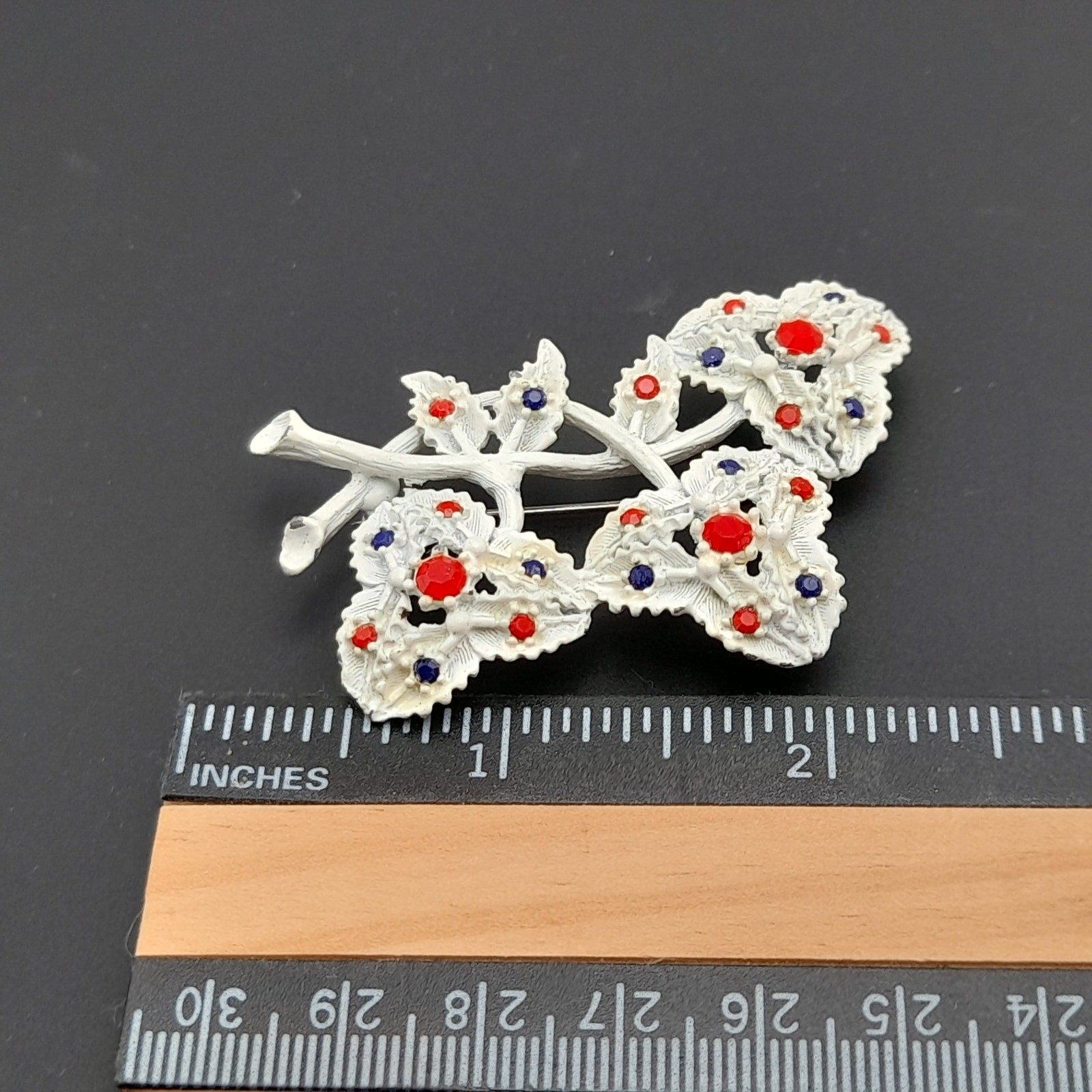 Vintage 1960s White Enamel Red Blue Rhinestones Floral Brooch – 2 3/8 Inches