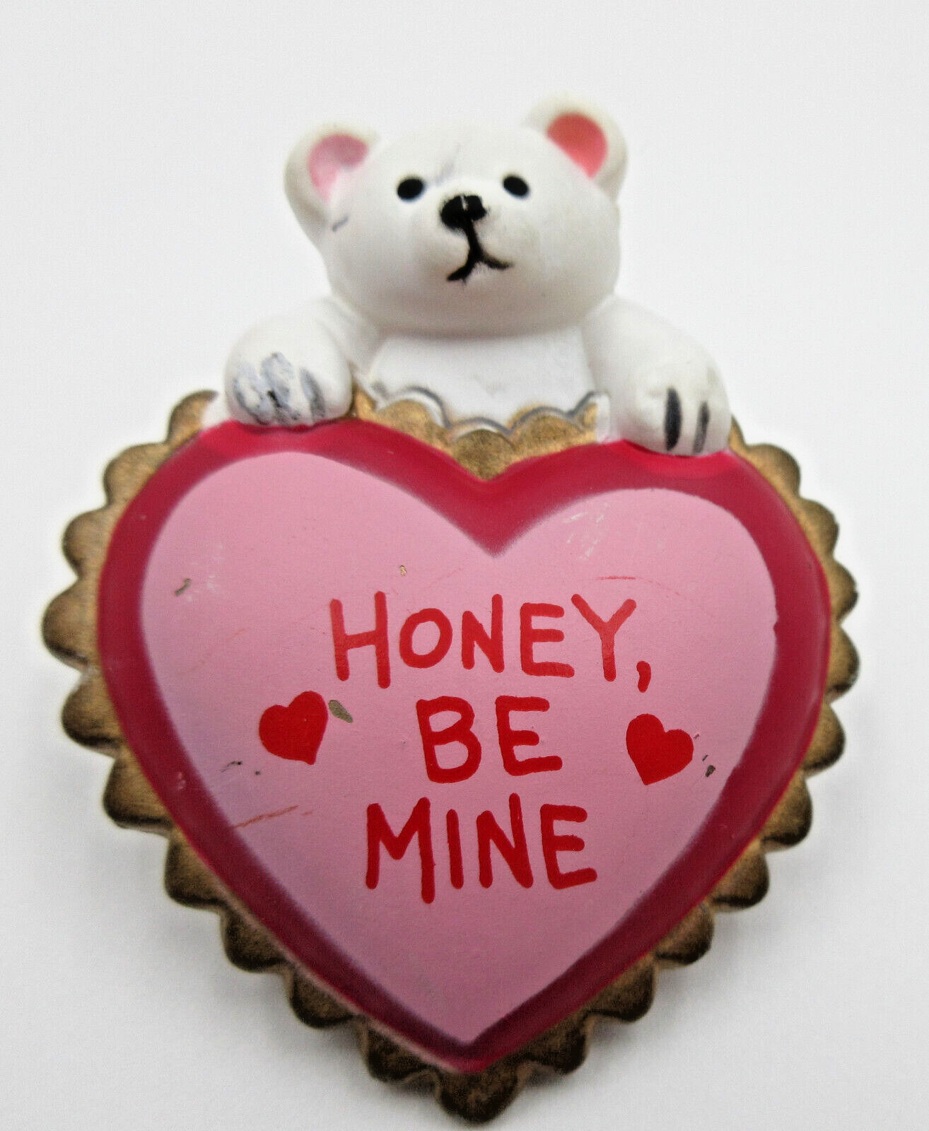 VTG 1980S 1990S ? FUN WORLD PINK RED HEART white POLAR BEAR Brooch gold tone pin