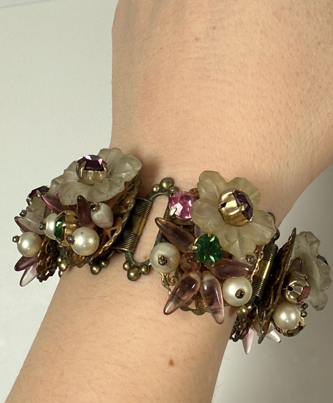 Antique Flower Glass Beaded Rhinestone Panel Bracelet 7″ Chunky 3D Book Chain