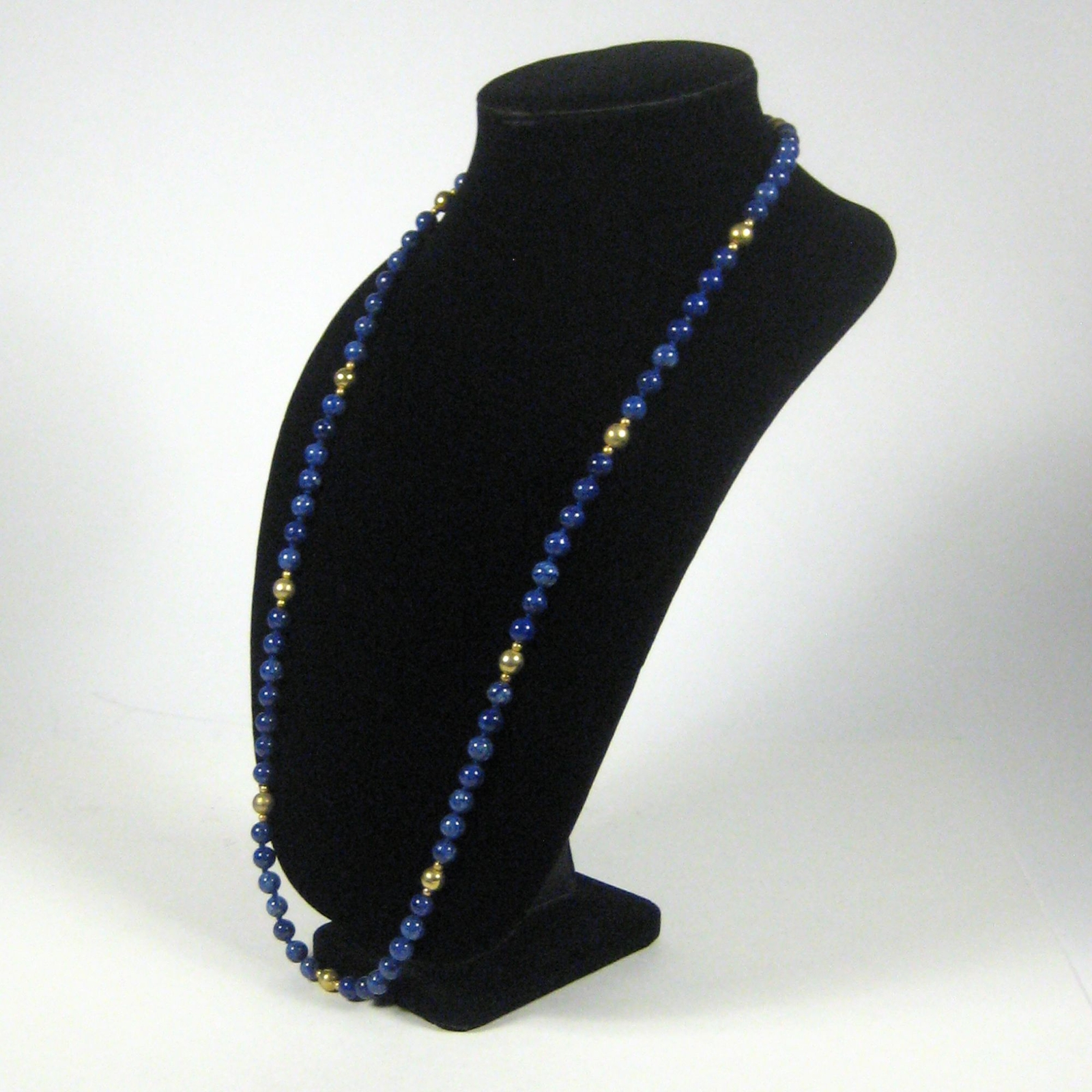 Blue Glass Beaded Necklace 34 inch Strand Hand Knotted Goldtone NO CLASP