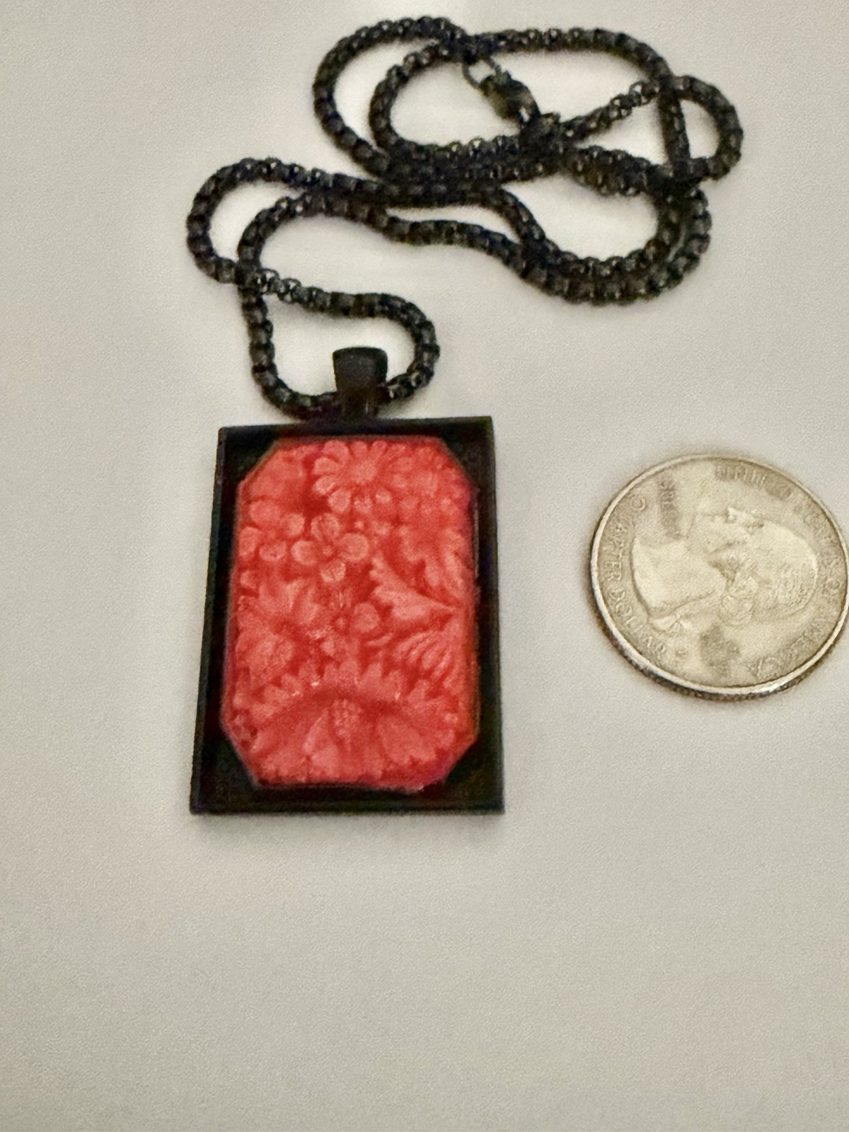Art Deco Upcycled Bohemian Molded Coral Flowers Glass Black Rim Pendant Necklace