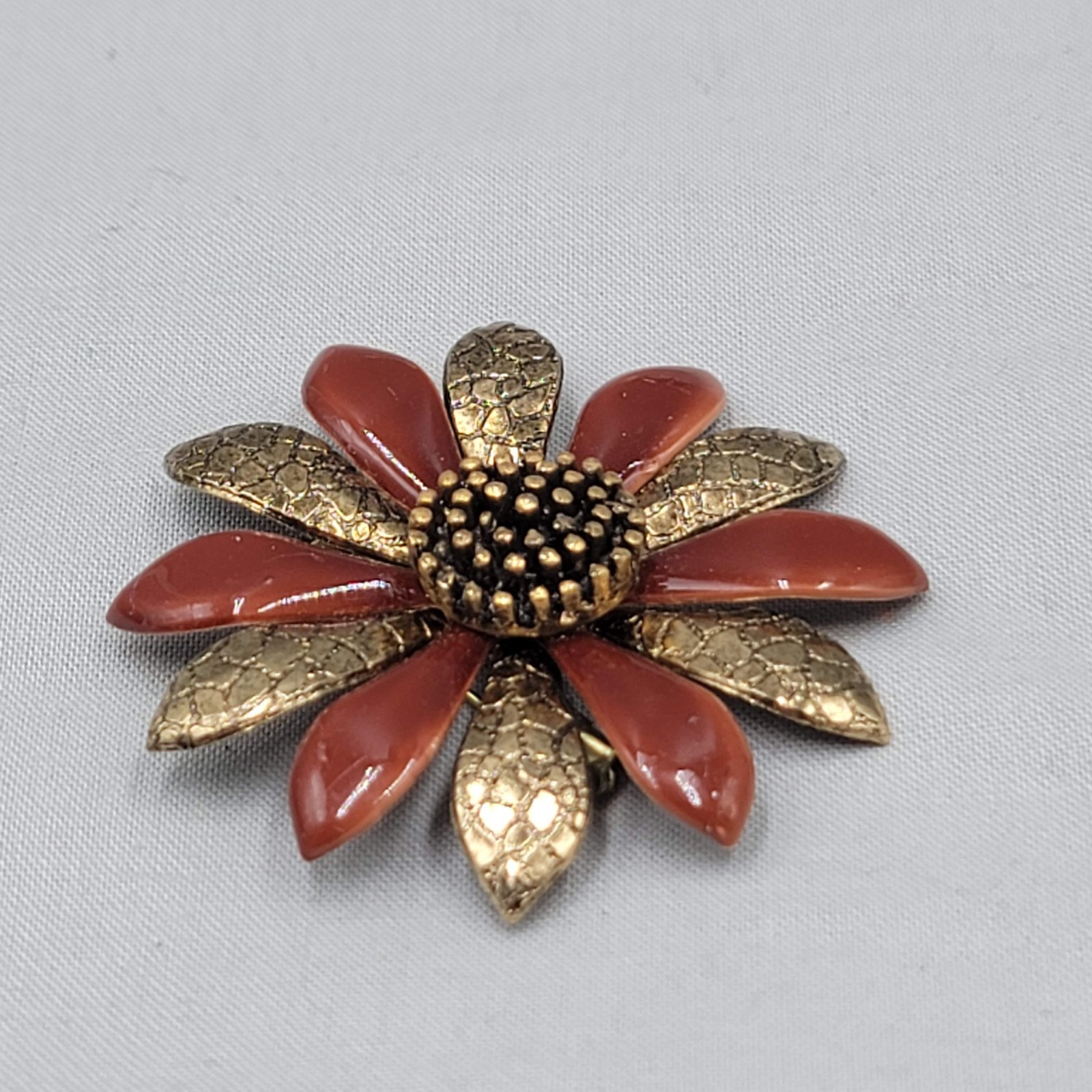Vintage Red Enamel Flower Brooch and Clip on Earring Set Gold tone Estate