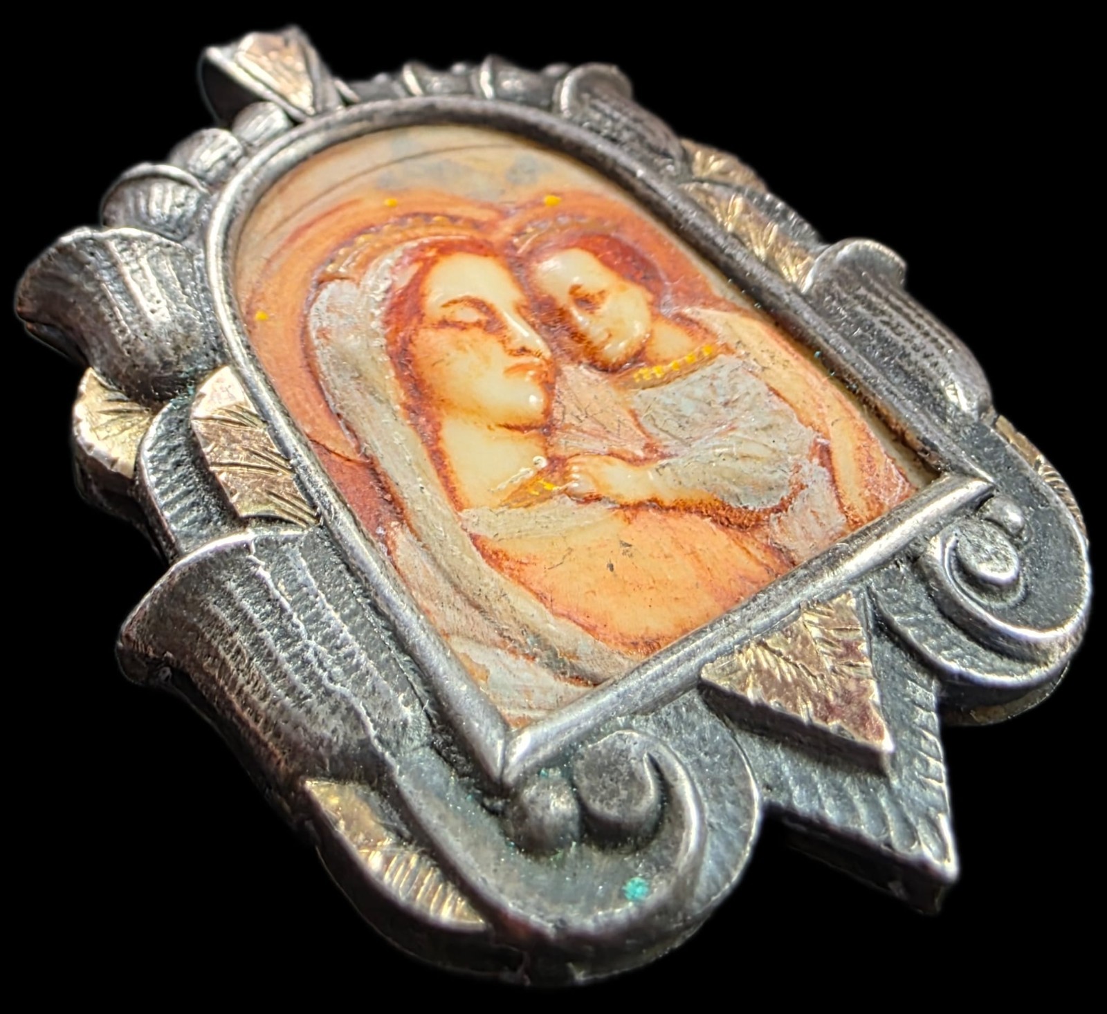 Fine Antique Art Nouveau Silver Gold Madonna Virgin Mary and Jesus Pendant C1900