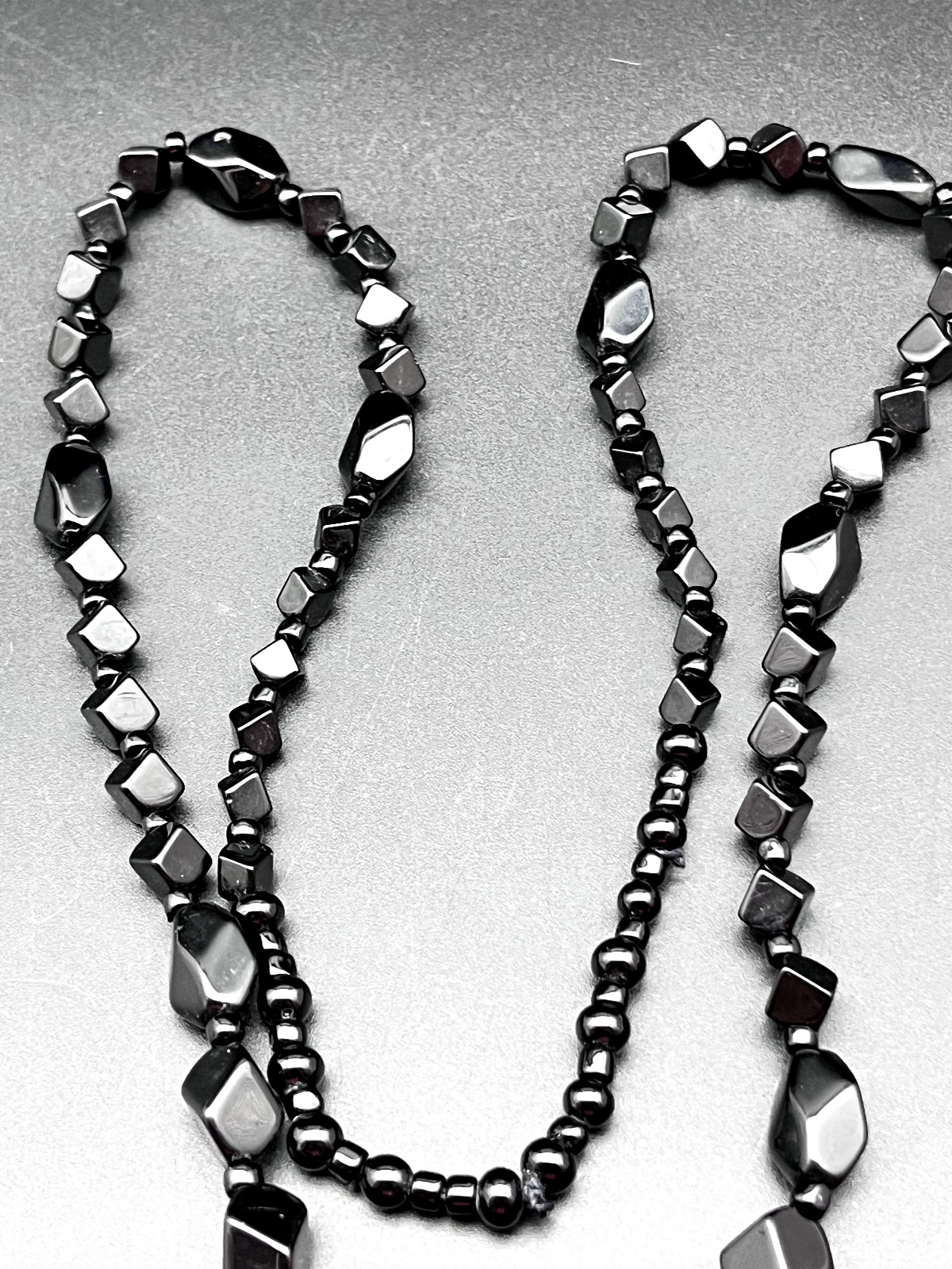 Vintage Long Cut Faceted Polished Black Glass Mourning Bead Tassel Necklace