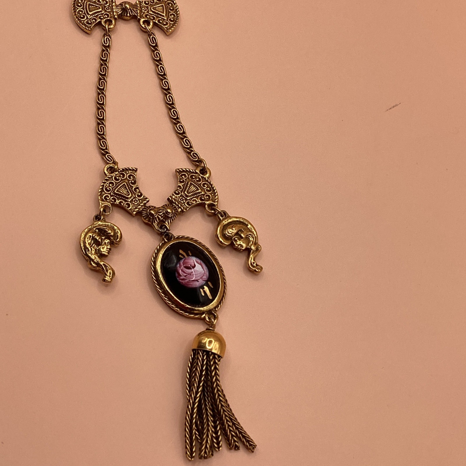 Victorian Revival Gold Tone Pendant Necklace W/ Black Oval Cameo Hand Painted