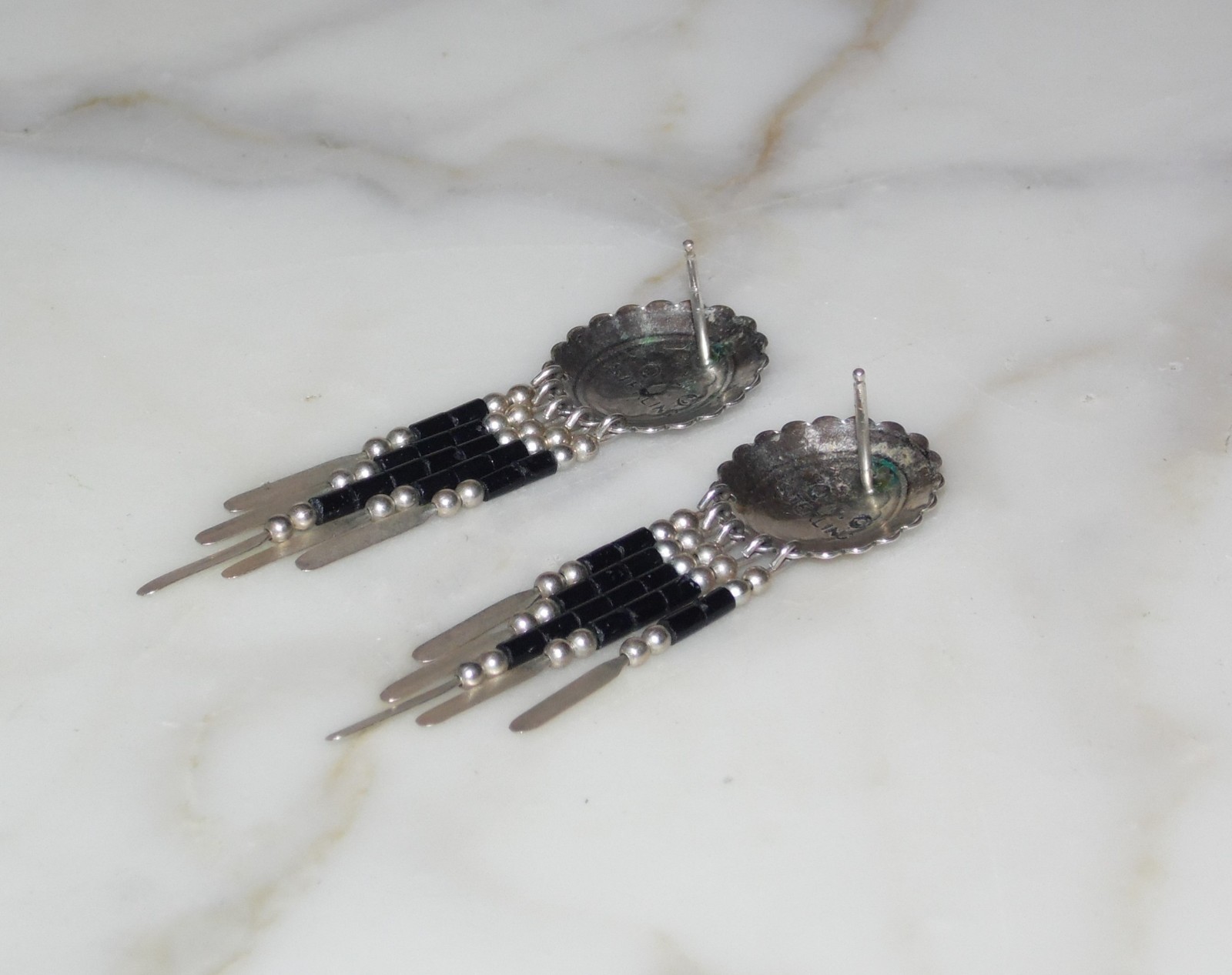 Vintage Carolyn Pollack Q.T. Sterling Silver 925 Onyx Dangle Southwest Earrings