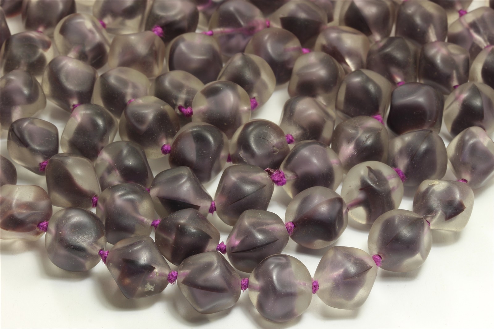 Vintage Mid Century LONG Hand Knotted Purple Frosted Glass Bead Necklace 42″