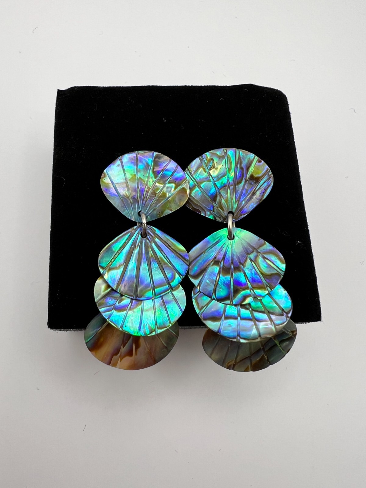 Vintage Abalone Paua Shell Fan Dangle Earrings Iridescent Statement Earrings