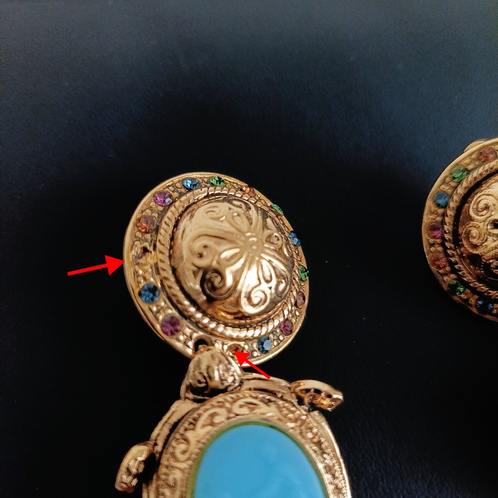 Vintage Zoe Coste Turtle Earrings France Blue Glass Rhinestone Gold Tone