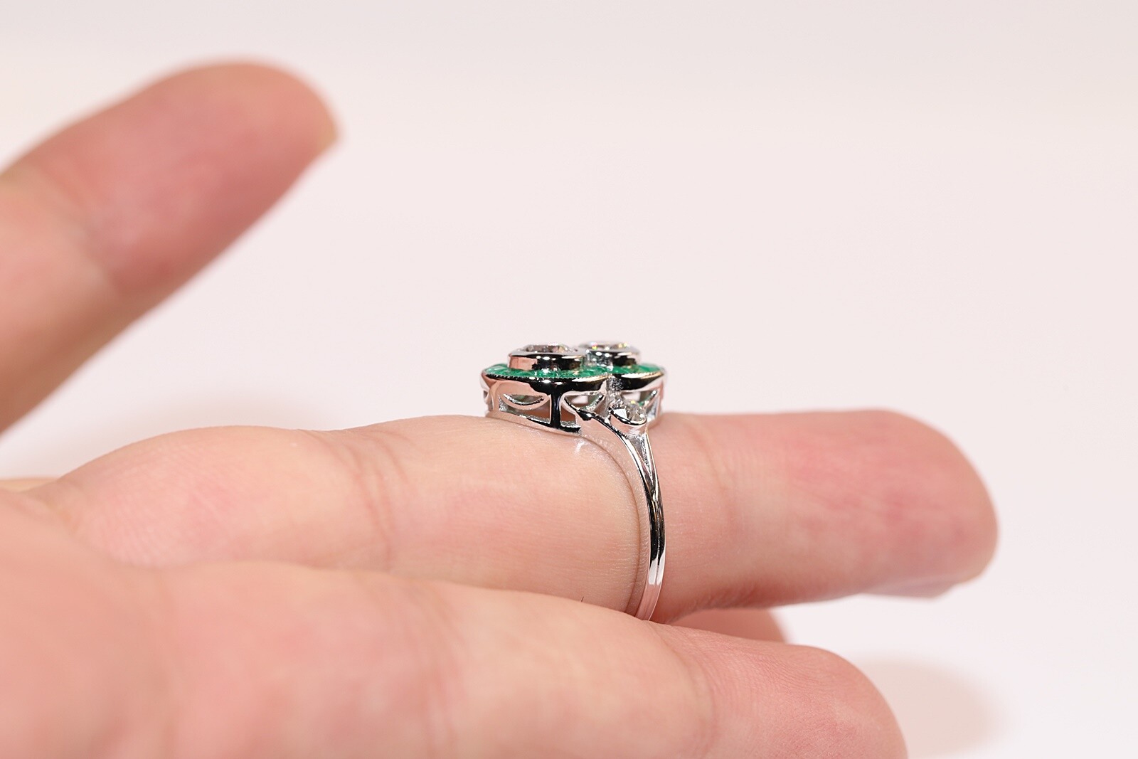 New Made 18k Gold Natural Old Cut Diamond And Caliber Cut Emerald Ring
