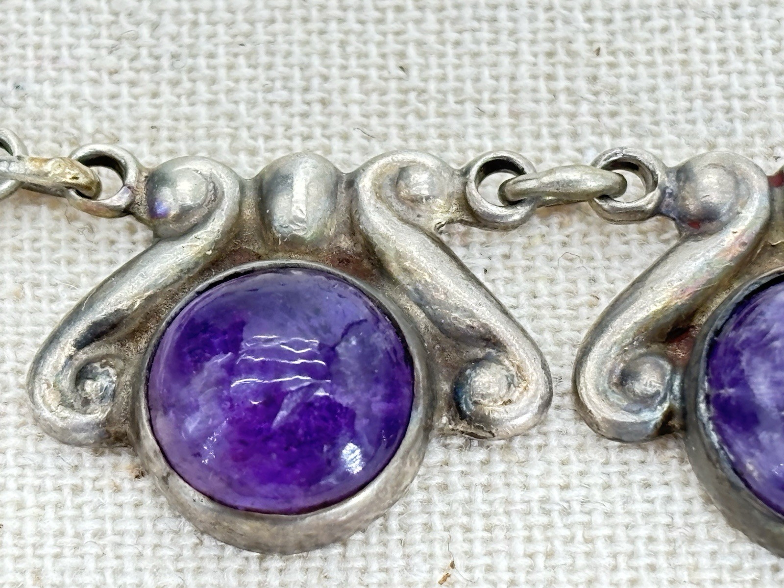 Vintage LOS CASTILLO 925 Sterling Silver Amethyst Floral Panel Link Necklace 15″